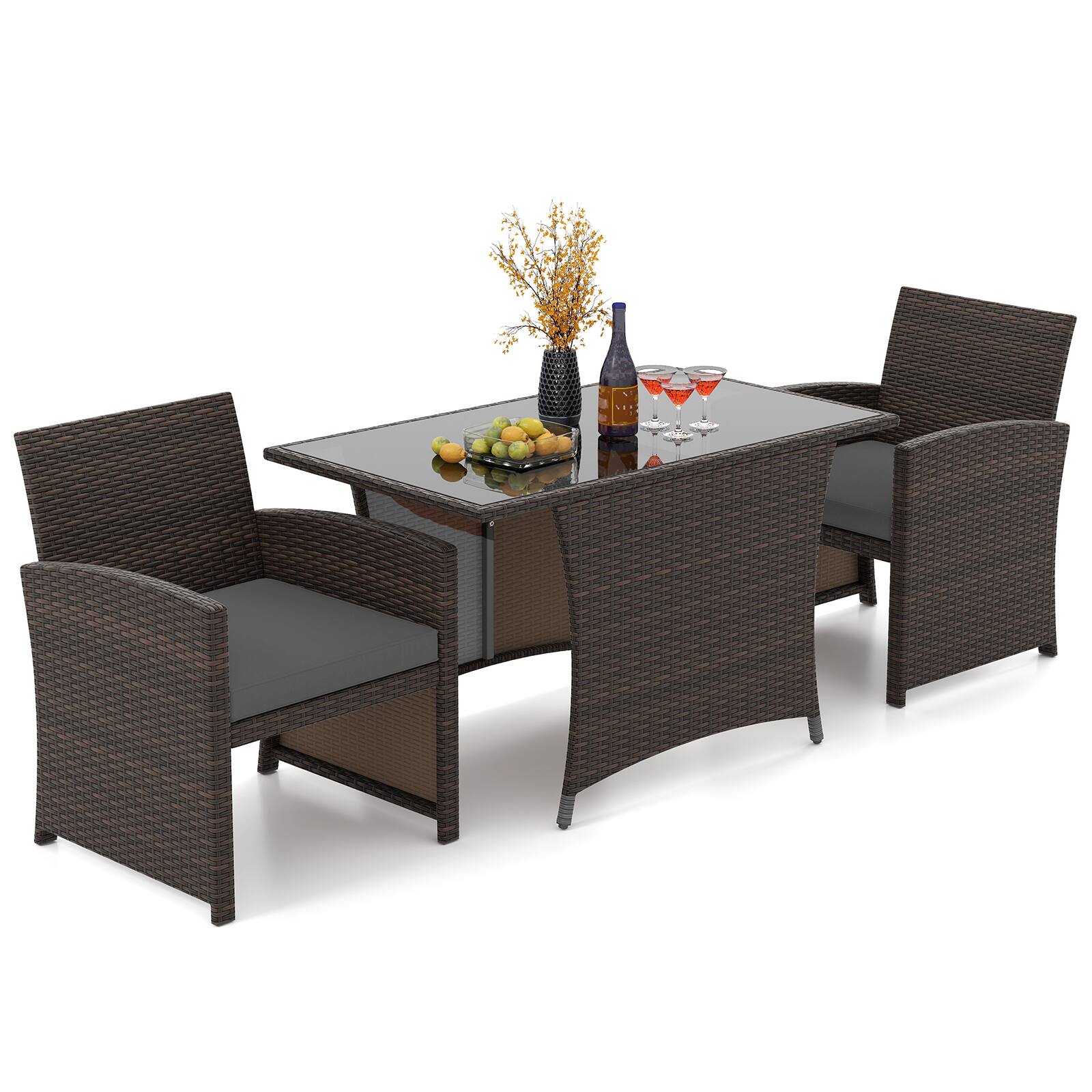 Alt View 1. Costway - Costway 3 Pieces Wicker Bistro Set Balcony Furniture Set with Tempered Glass Dining Table - Mix Brown+Gray.