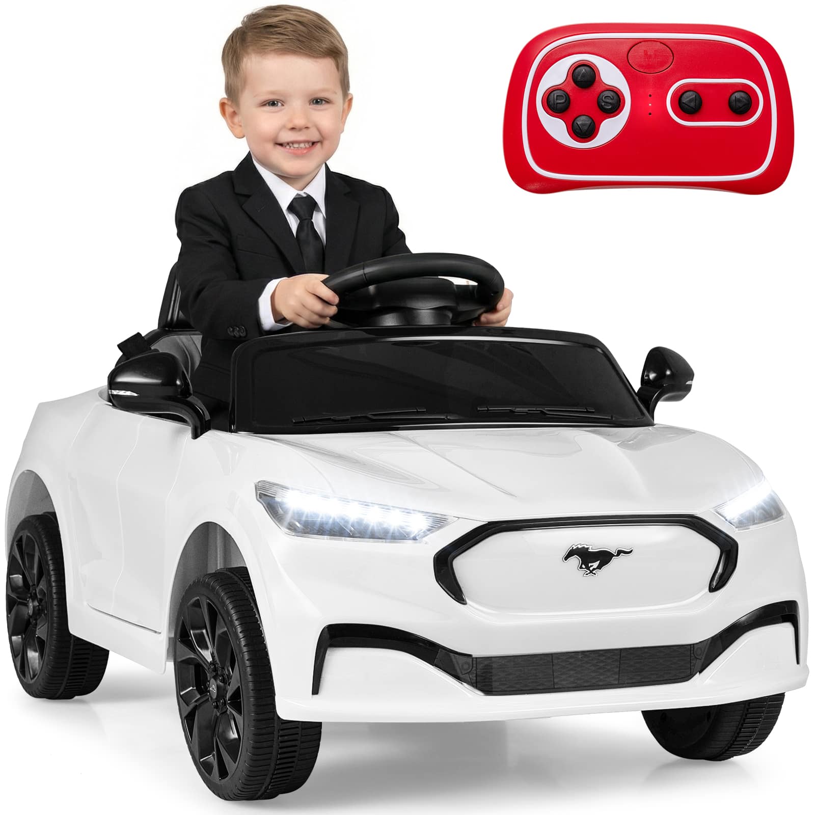 Gymax - Licensed Ford Mach E Electric Vehicle w/Parent Control LED Lights Horn Music - White