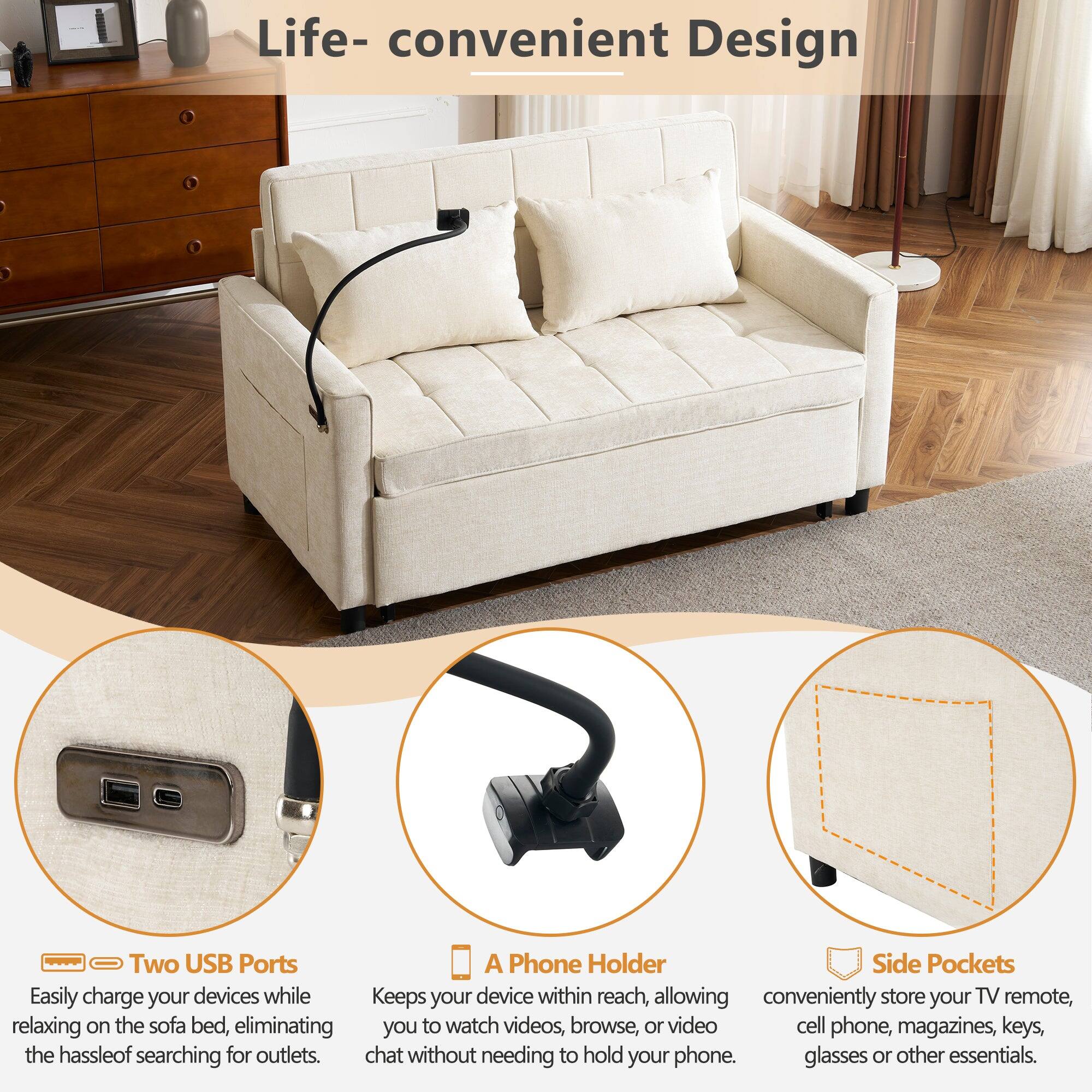 Life- Convenient Design

- Two USB Ports
  Easily charge your devices while relaxing on the sofa bed, eliminating the hassle of searching for outlets.

- A Phone Holder
  Keeps your device within reach, allowing you to watch videos, browse, or chat without needing to hold your phone.

- Side Pockets
  Conveniently store your TV remote, cell phone, magazines, keys, glasses, or other essentials.
