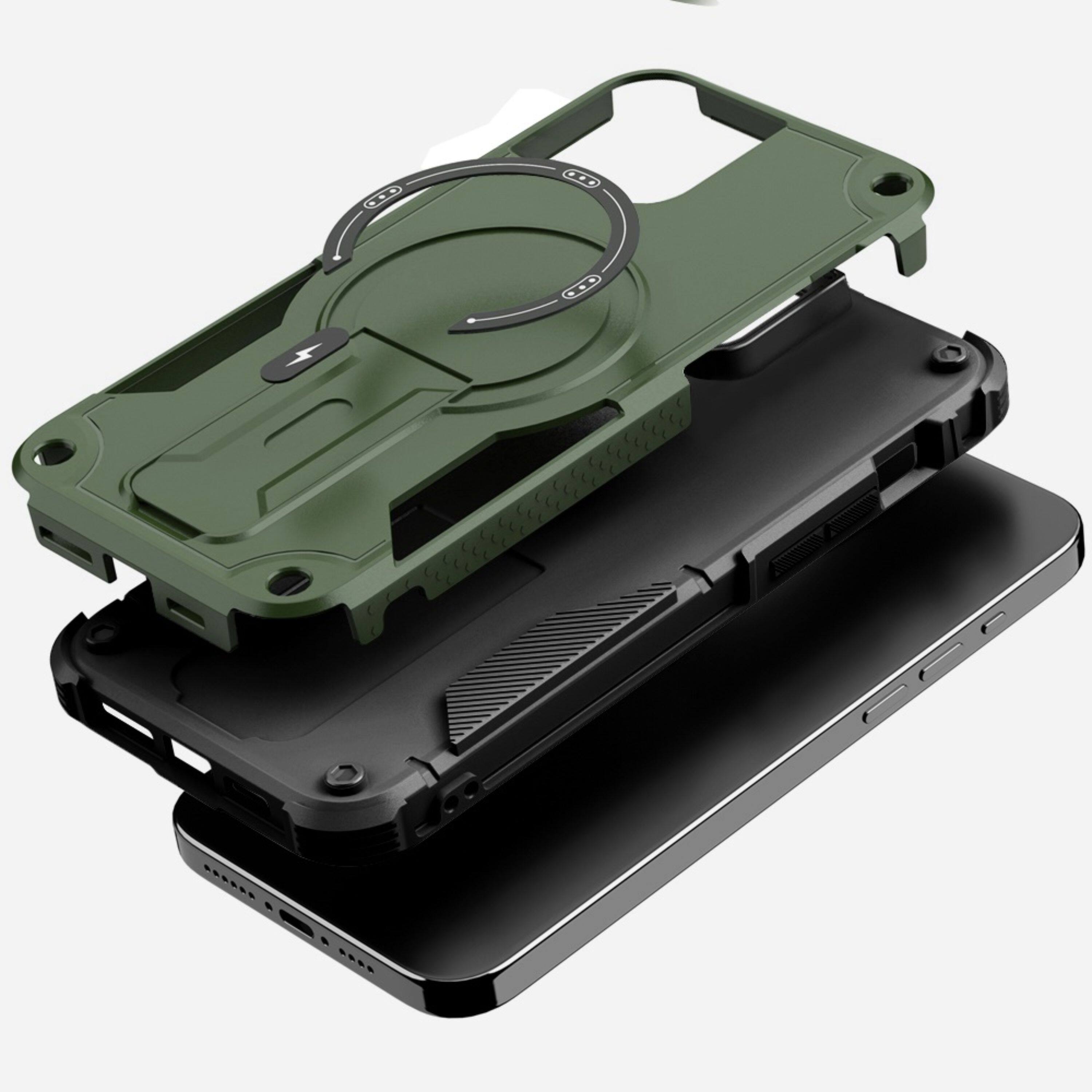 Angle. Kitcheniva - Magnetic Circle Rugged Grip Kickstand Phone Case With 2 Pcs Tempered Glass For iPhone 15 Plus Midnight Green - Midnight Green.
