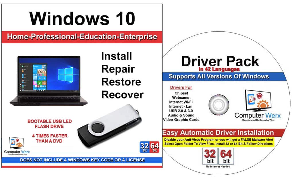 Computer Werx - Windows 10 All Versions Bootable 32/64 Bit Repair Recover Restore Reinstall USB & Drivers Pack - Windows
