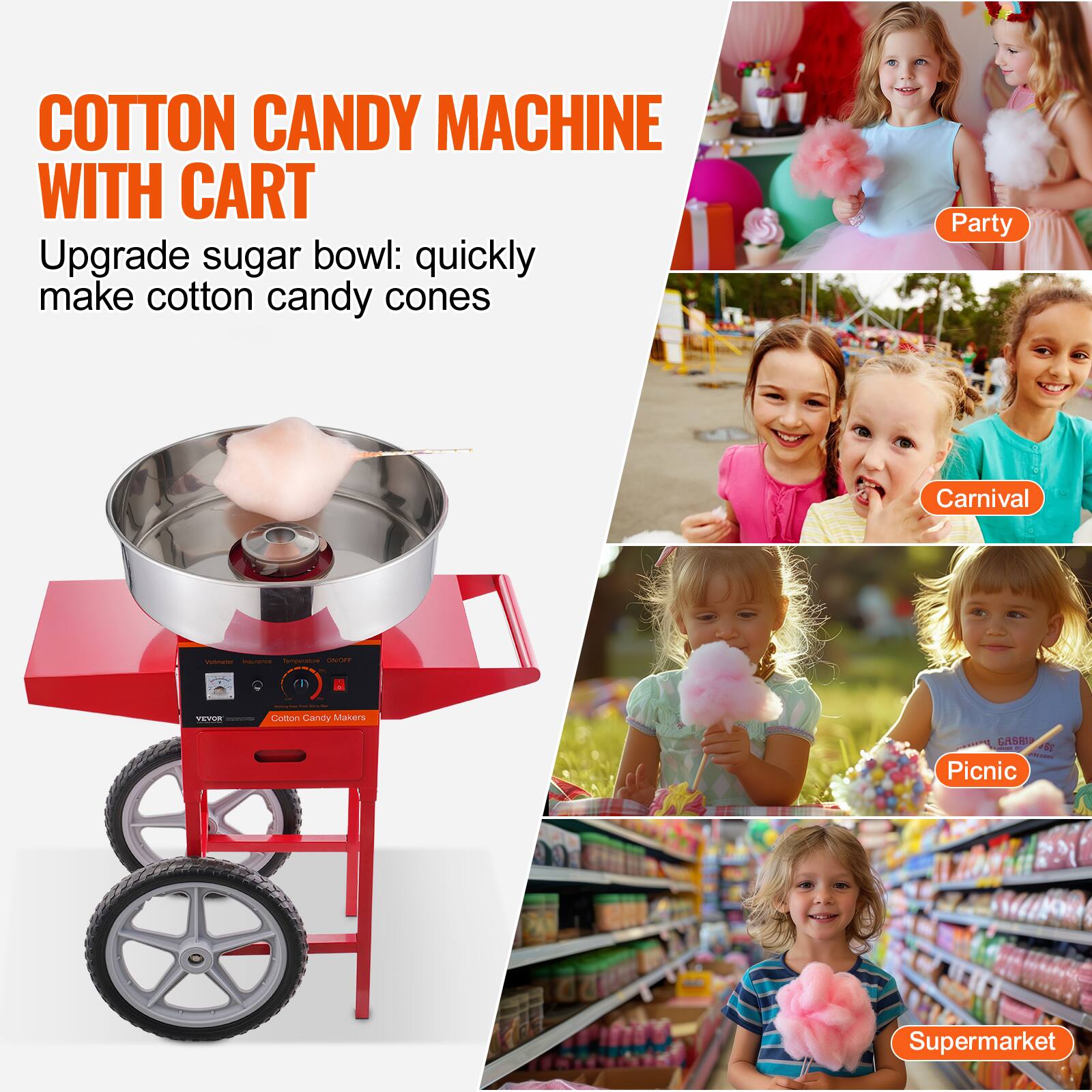 COTTON CANDY MACHINE WITH CART

Upgrade sugar bowl: quickly make cotton candy cones

Party Carnival - - - .-. | ee Cotton Candy Makers GASHIP + I Picnic Supermarket