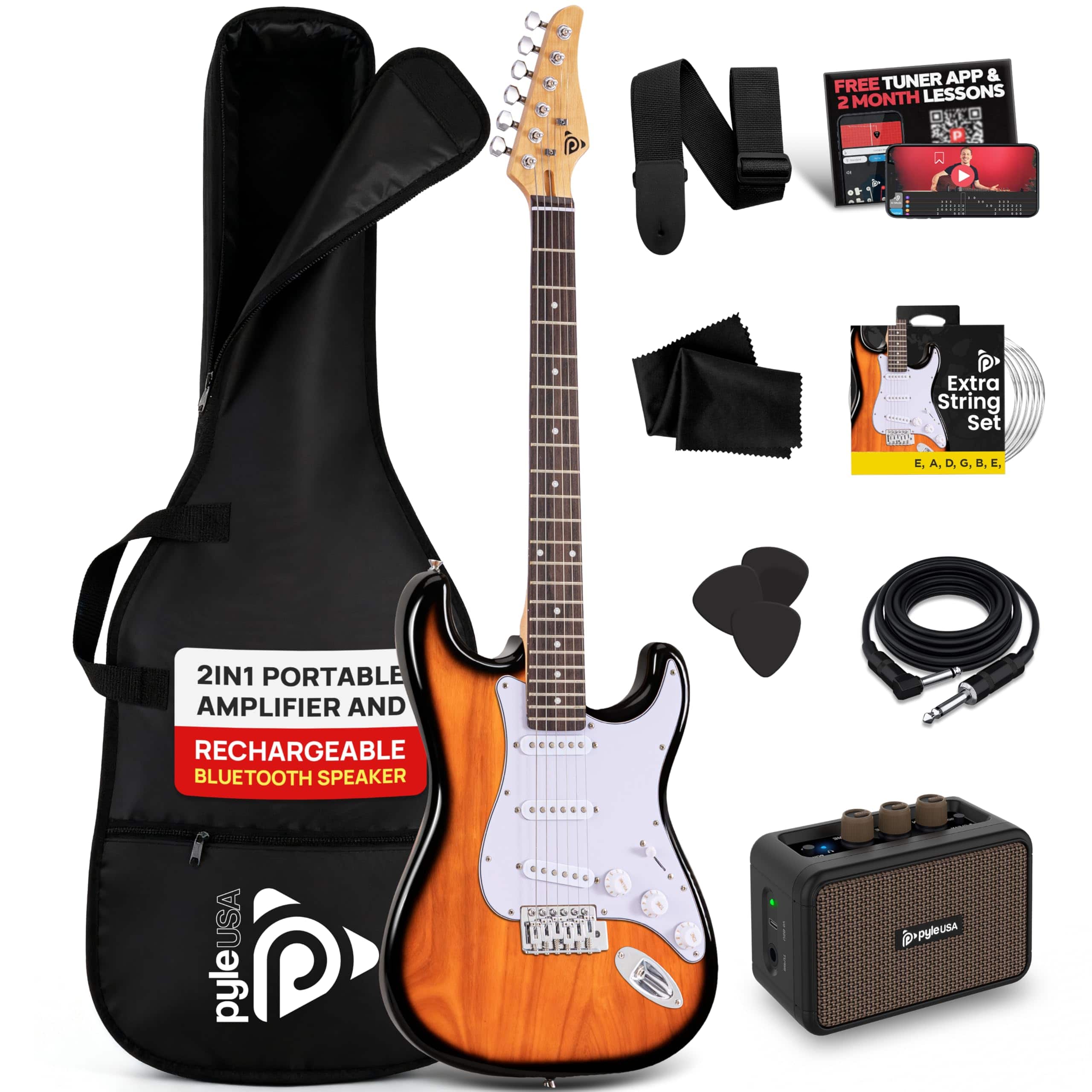 Pyle - Electric Guitar & Amp Kit, 39" Complete Starter Kit, Bluetooth Amp, ST-Style Pickups - PEGKT400NB - Sun Burst