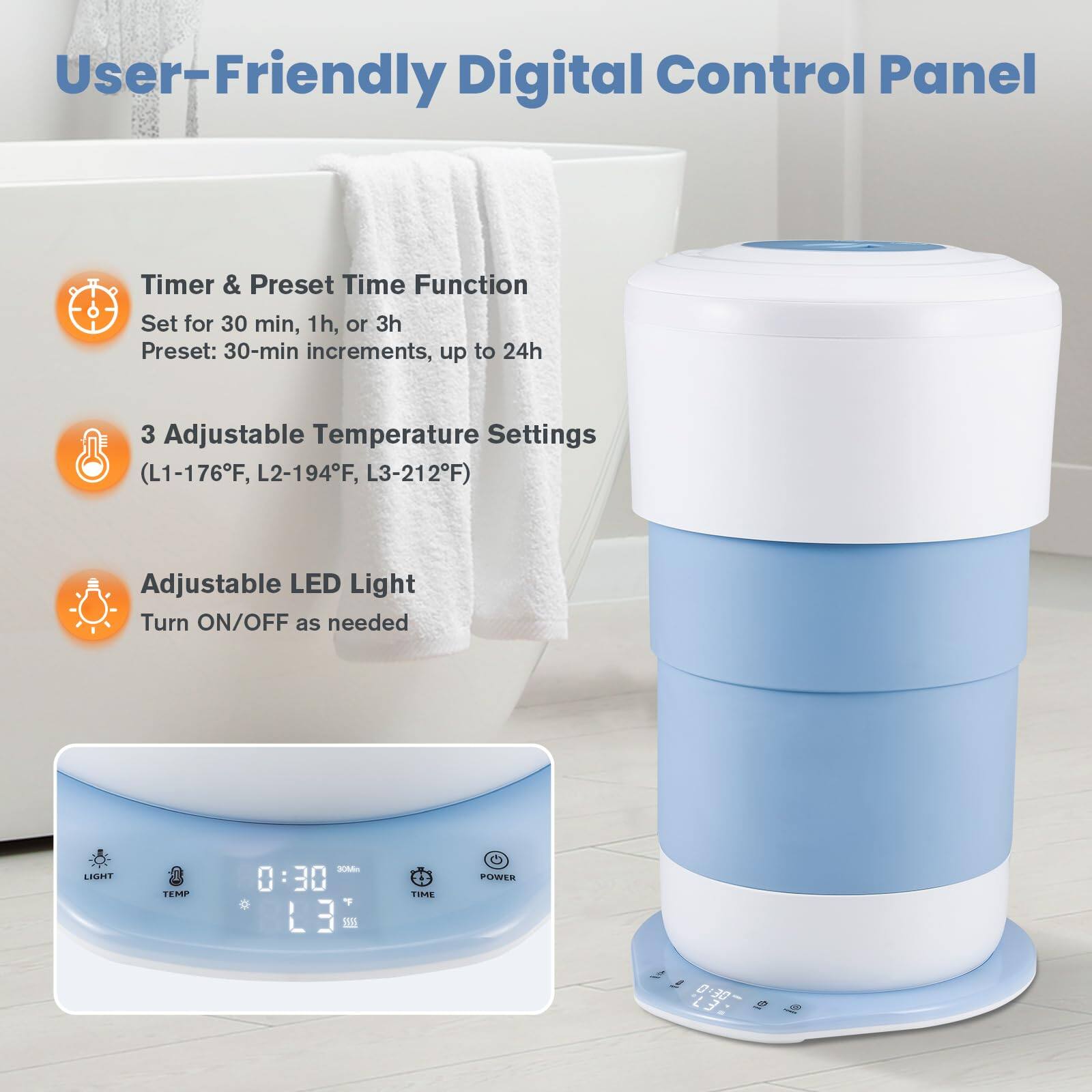 User-Friendly Digital Control Panel

- Timer & Preset Time Function
  - Set for 30 min, 1h, or 3h
  - Preset: 30-min increments, up to 24h

- 3 Adjustable Temperature Settings
  - (L1-176°F, L2-194°F, L3-212°F)

- Adjustable LED Light
  - Turn ON/OFF as needed

LIGHT TEMP 30Mm 0:30 0 Y L3 110 FeE POWER 7. 0-30 23. -