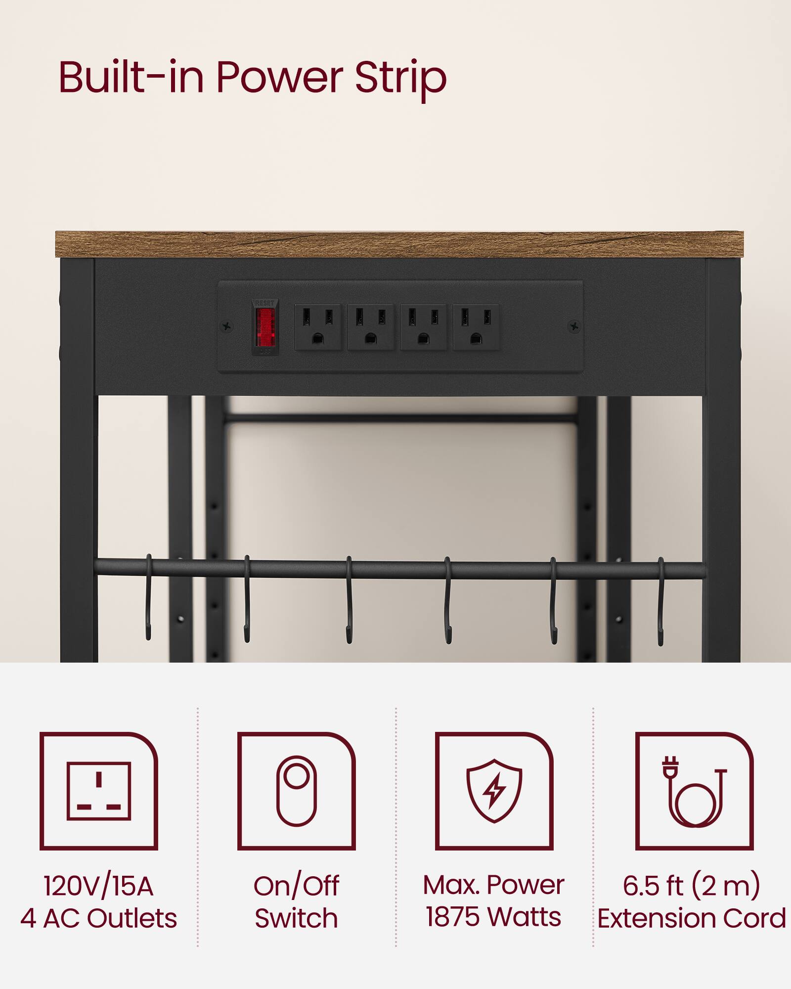 Built-in Power Strip

120V/15A 4 AC Outlets
On/Off Switch
Max. Power 1875 Watts
6.5 ft (2 m) Extension Cord