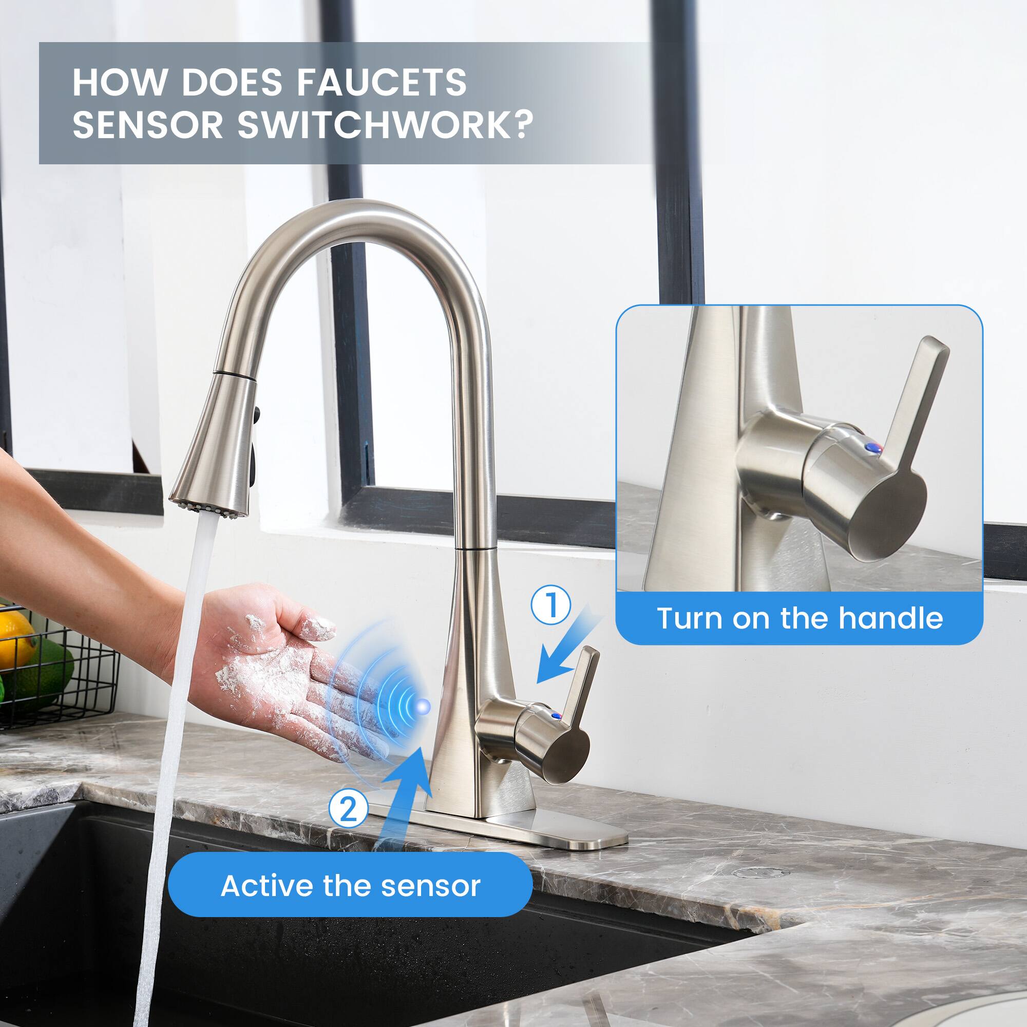 HOW DOES FAUCETS SENSOR SWITCH WORK?

1. Turn on the handle
2. Activate the sensor