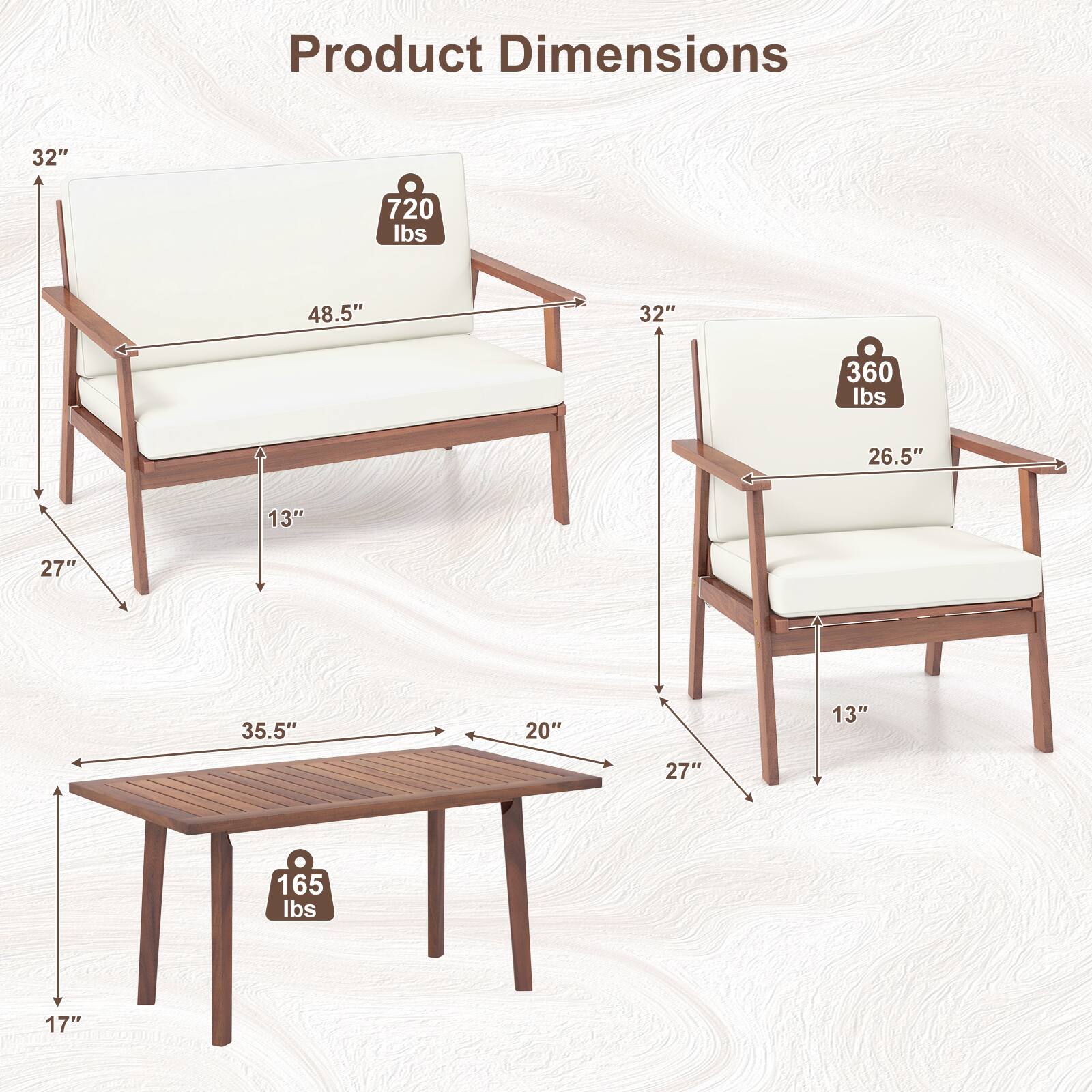 Product Dimensions:

1. 32" 720 lbs
2. 48.5" 32" 360 lbs
3. 26.5" 13" 27" 35.5" 20" 13" 27" 165 lbs
4. 17"