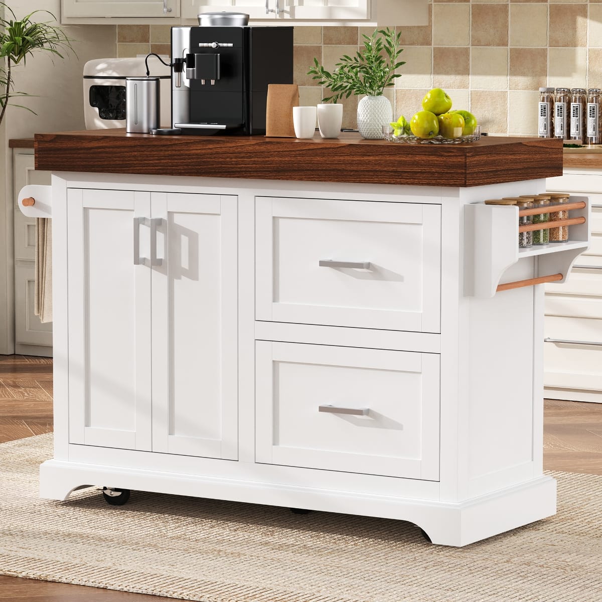 Loheer - 53-Inch Rolling Kitchen Island with Storage, 3.5-Inch Thick Walnut Countertop, Kitchen Cart on Wheels - White