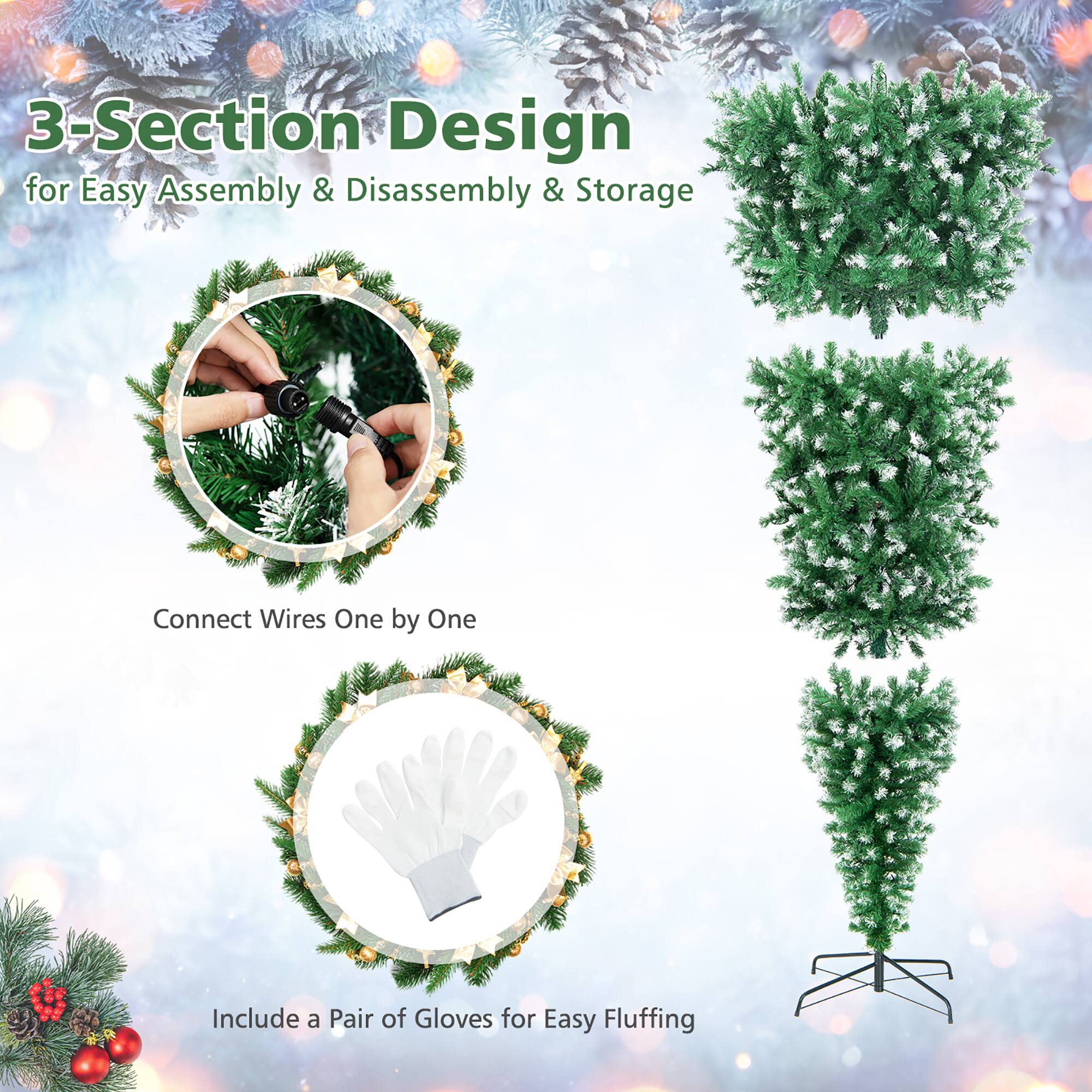 The text on the image is already grouped and correctly written. It reads: "3-Section Design for Easy Assembly & Disassembly & Storage Connect Wires One by One Include a Pair of Gloves for Easy Fluffing."