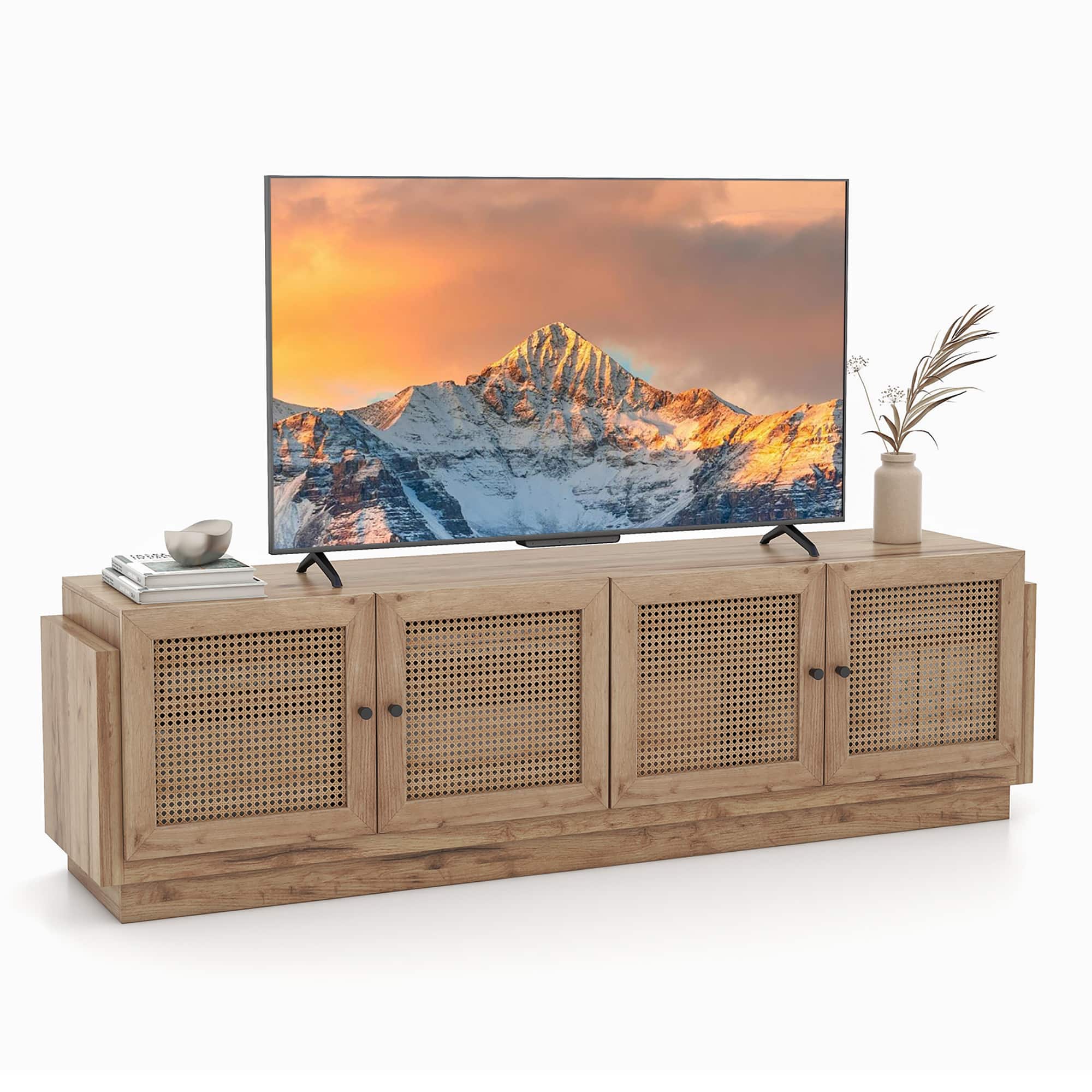 Front. Gymax - 4-Door PE Rattan Media Console Table Farmhouse TV Stand for TVs up to 75'' Oak - Oak.