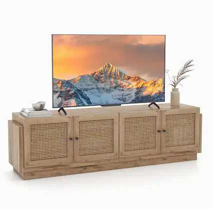Front. Gymax - 4-Door PE Rattan Media Console Table Farmhouse TV Stand for TVs up to 75'' Oak - Oak.