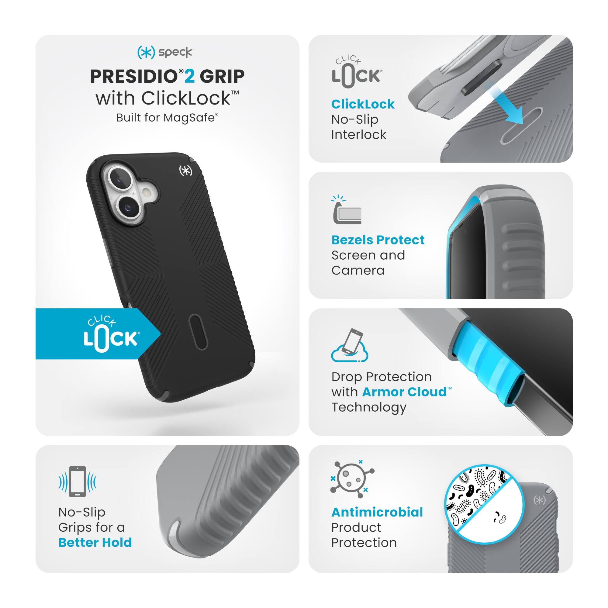 The text on the image is grouped and corrected as follows:

Presidio2 Grip with ClickLock:

* Built for MagSafe
* No-Slip Interlock
* Bezels Protect Screen and Camera
* Drop Protection with Armor Cloud Technology
* No-Slip Grips for a Better Hold
* Antimicrobial Product Protection

This grouped and corrected text describes the features of the Presidio2 Grip with ClickLock case for the iPhone 12.