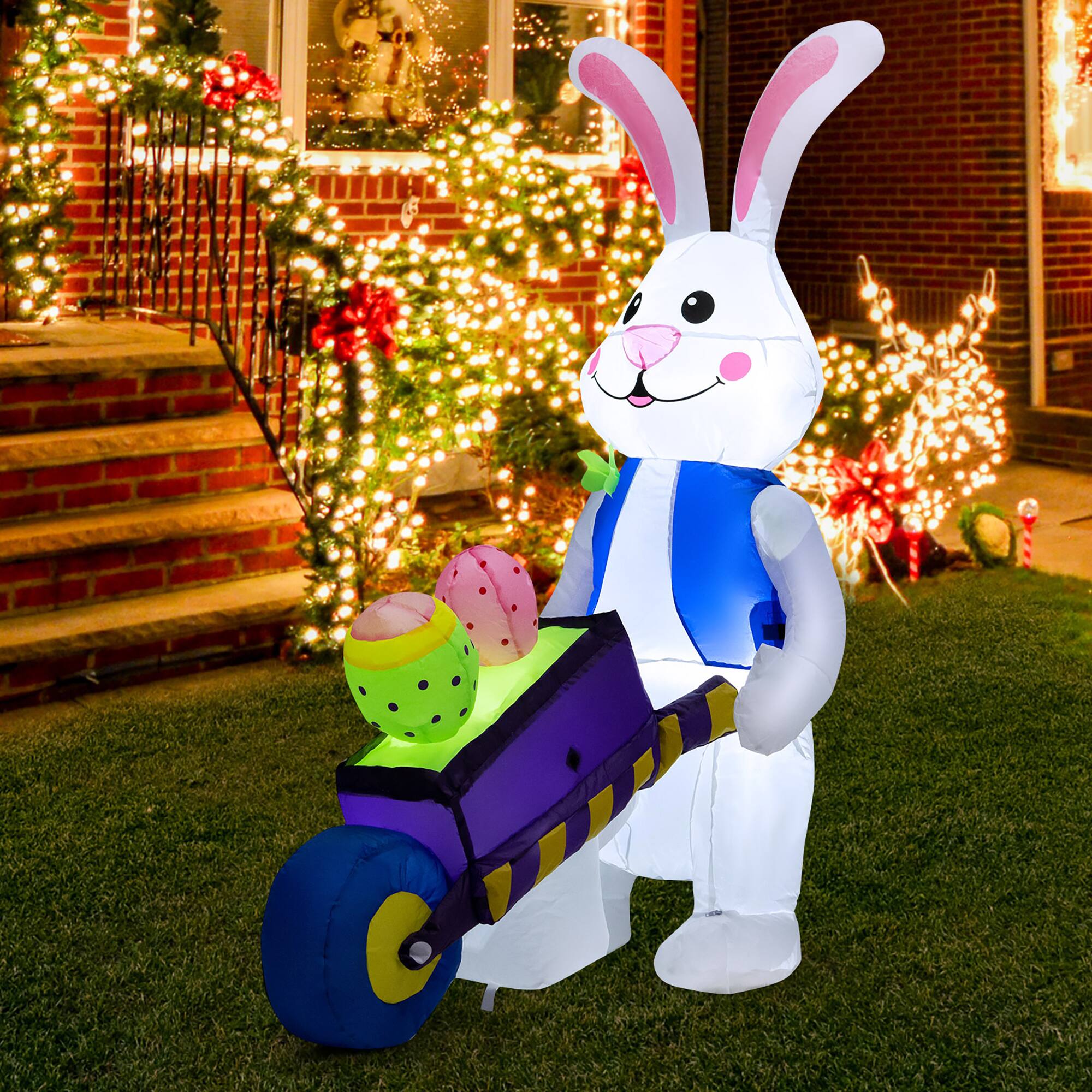 Front. Costway - 4FT Inflatable Easter Bunny with Pushing Cart Blowup Holiday Rabbit Decoration - Multicolor.