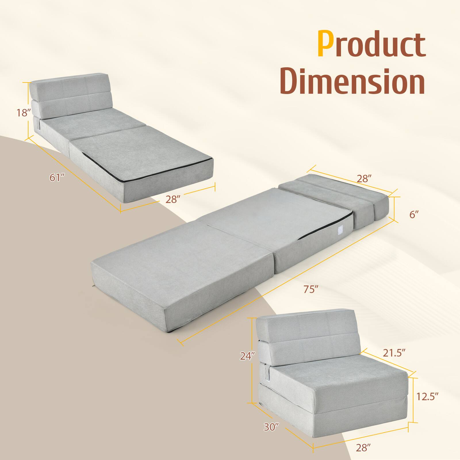 Product Dimension

- 18" (Height of the headboard)
- 61" (Length of the bed)
- 28" (Width of the bed)
- 28" (Width of the footboard)
- 6" (Height of the footboard)
- 75" (Length of the sofa)
- 24" (Depth of the sofa)
- 21.5" (Width of the armrest)
- 12.5" (Height of the armrest)
- 30" (Depth of the armrest)
- 28" (Width of the seat)