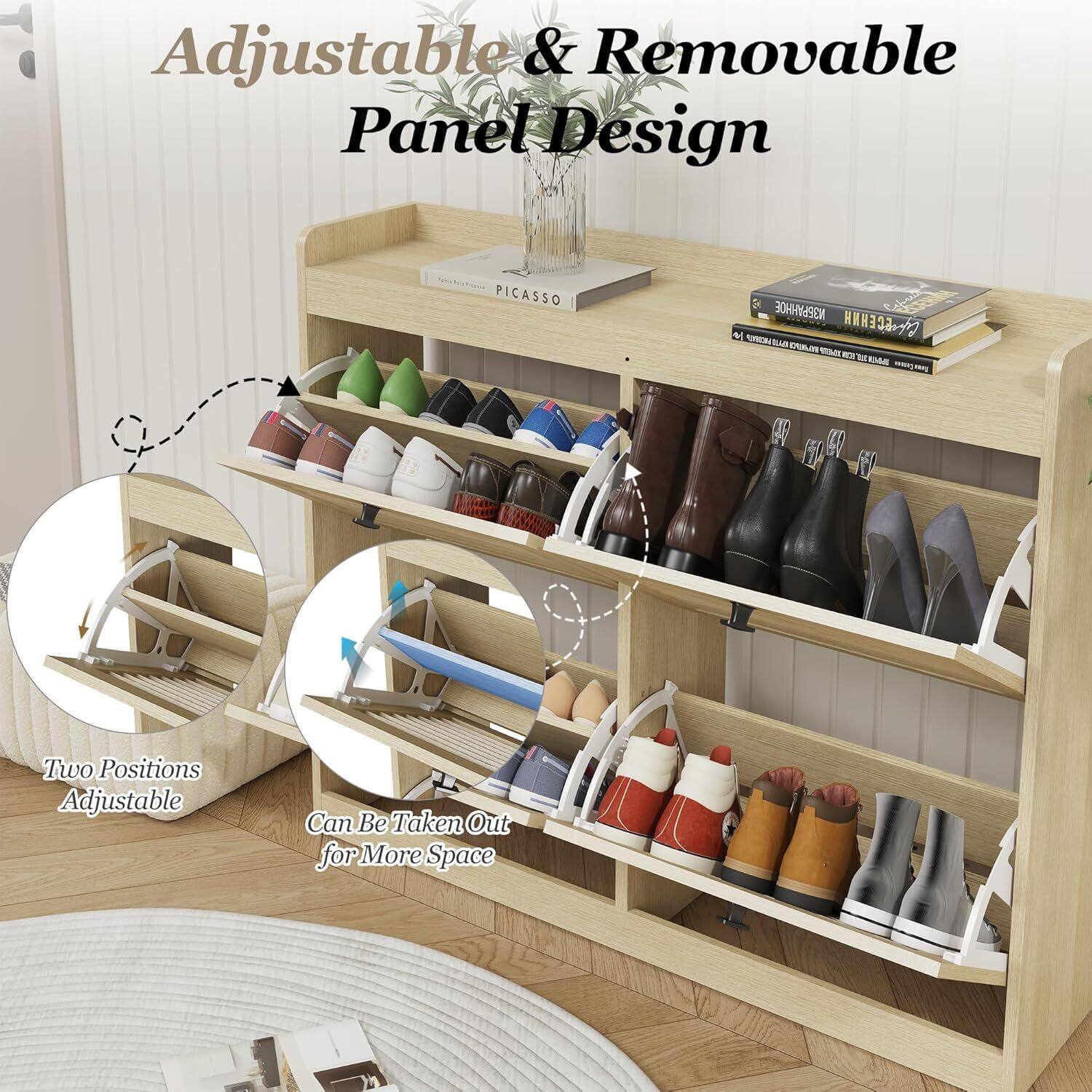 Alt View 5. Acekool - Large Rattan Shoe Storage Cabinet with 4 Flip Drawers, Freestanding Shoe Organizer - Yellow.