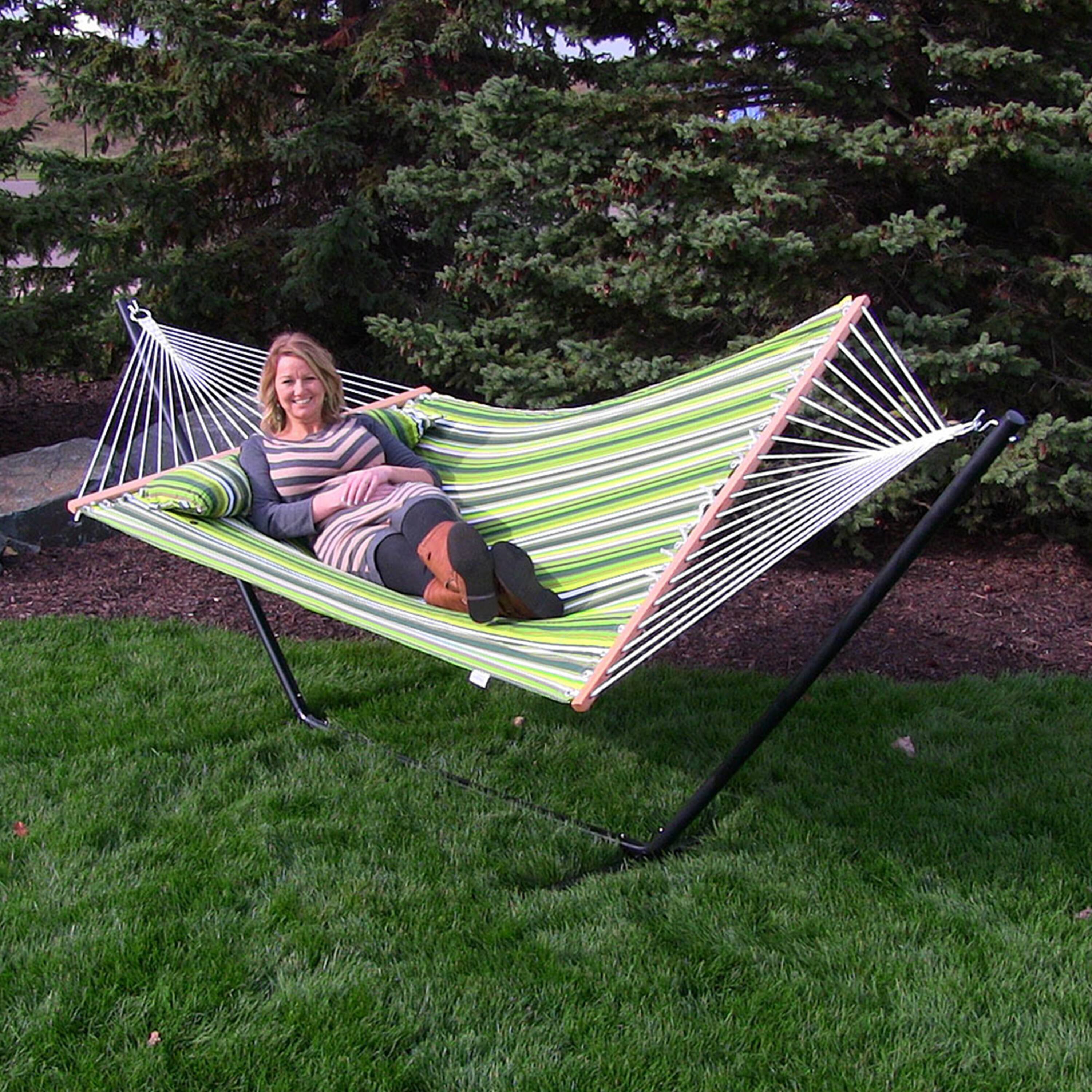 Alt View 3. Sunnydaze - 2-Person Quilted Fabric Hammock with Steel Stand - Melon Stripe.