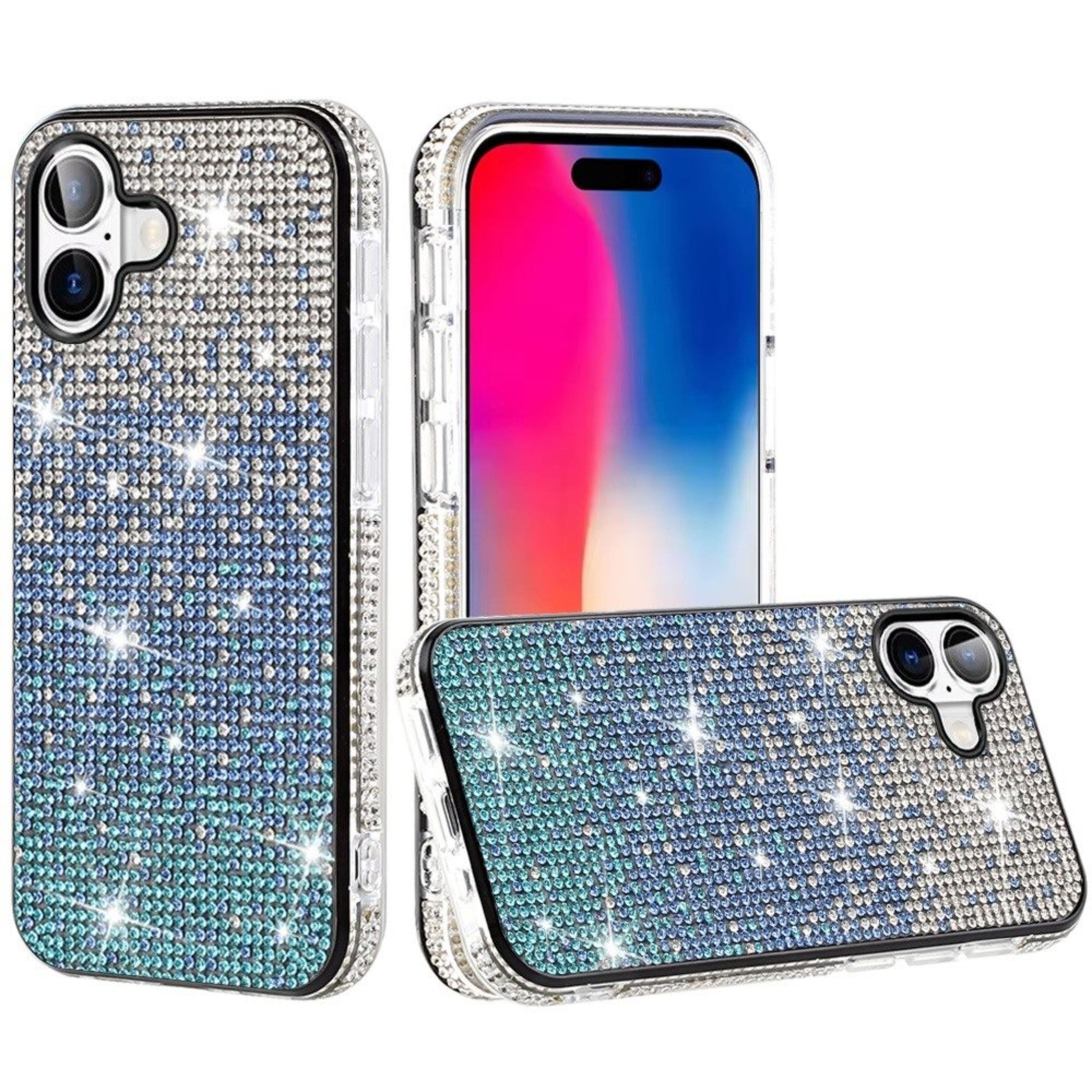 Kitcheniva - Full Bling Diamond Case With Tempered Glass For iPhone 16 - Blue