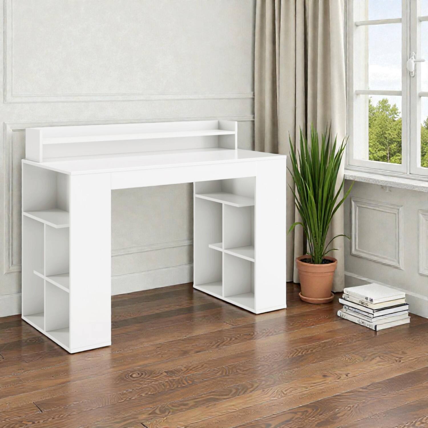 Front. Hivvago - Functional Office Desk with Dual Book Shelving and Integrated Monitor Riser - White.