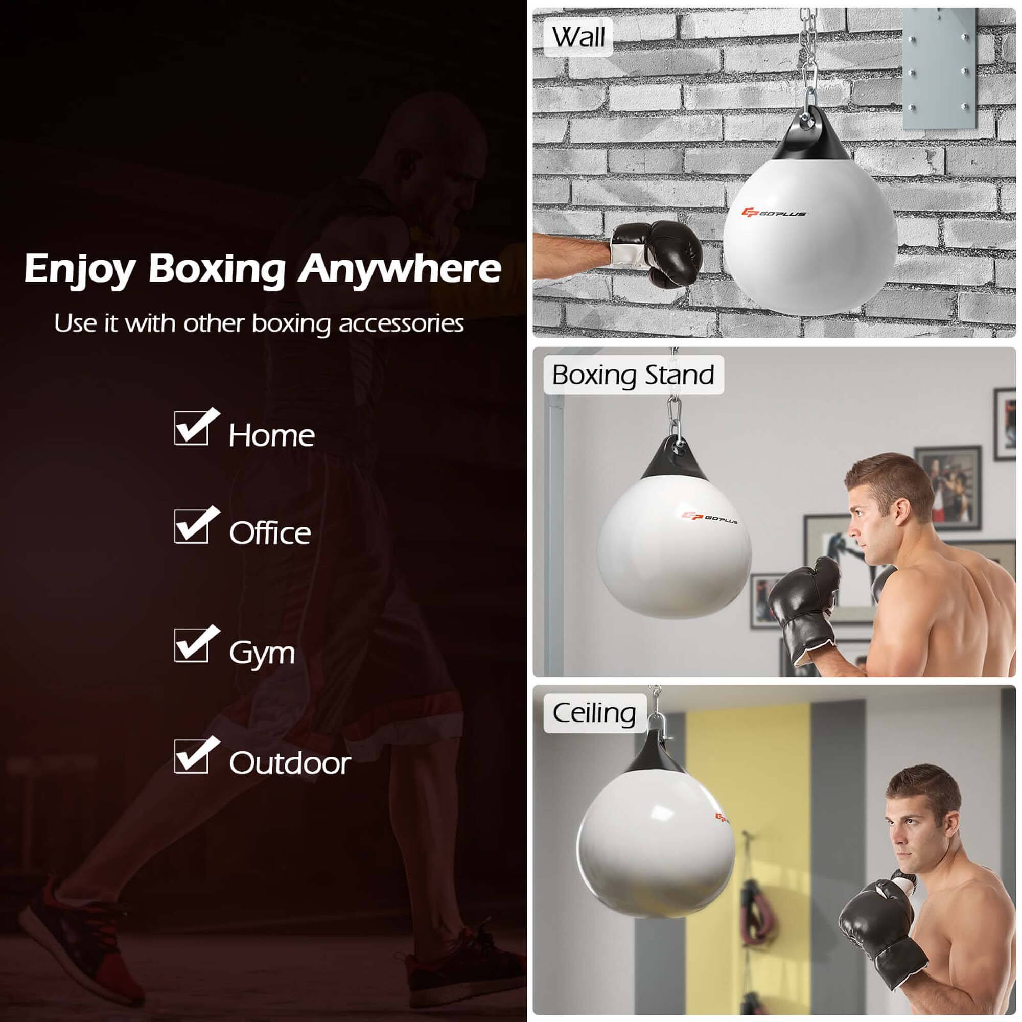 Enjoy Boxing Anywhere  
Use it with other boxing accessories  

- Home  
- Office  
- Gym  
- Outdoor  

Wall  
Boxing Stand  
Ceiling