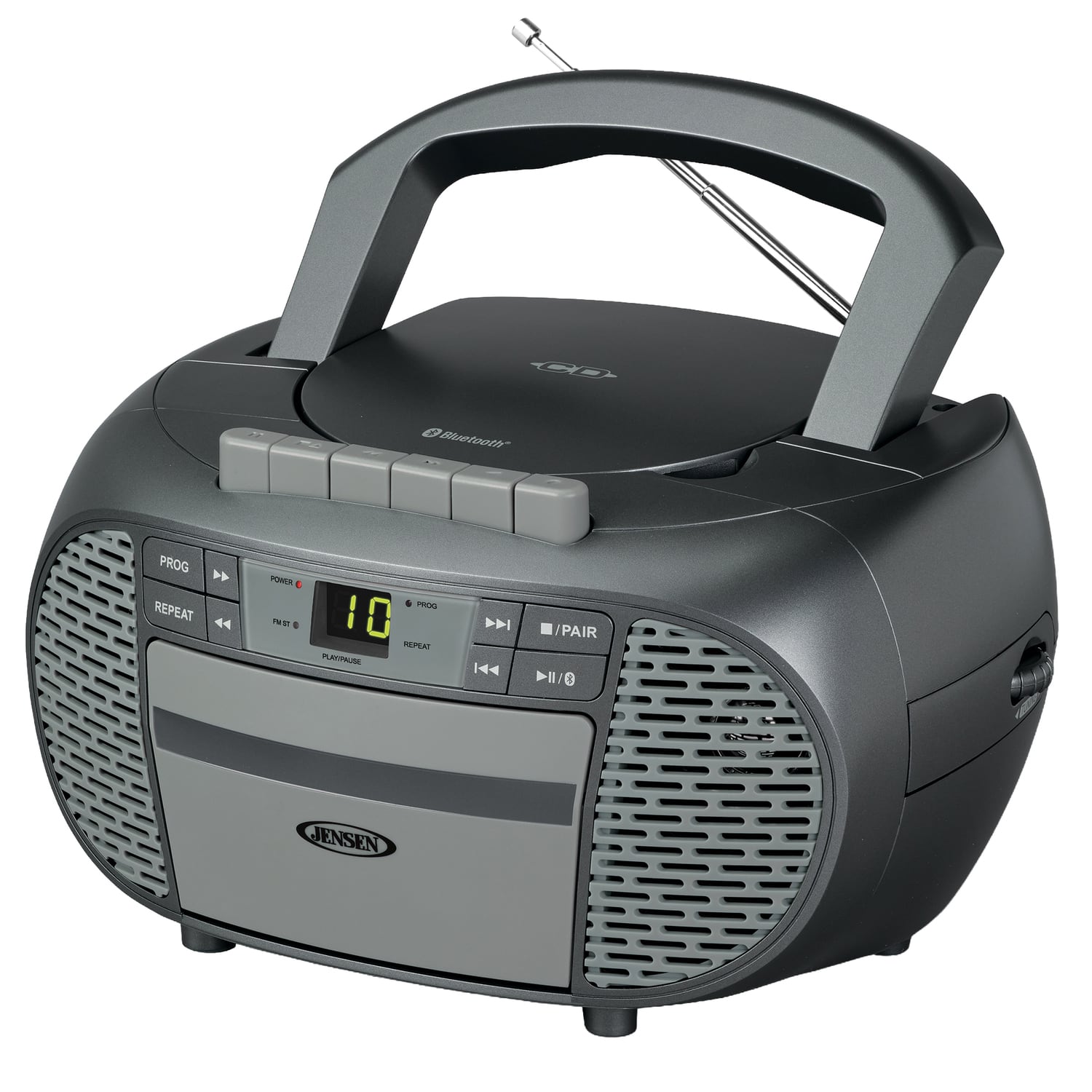 Jensen - Portable Bluetooth CD Music System CD-550ABT, Cassette Player/Recorder, AM/FM Radio, Aux - Gray