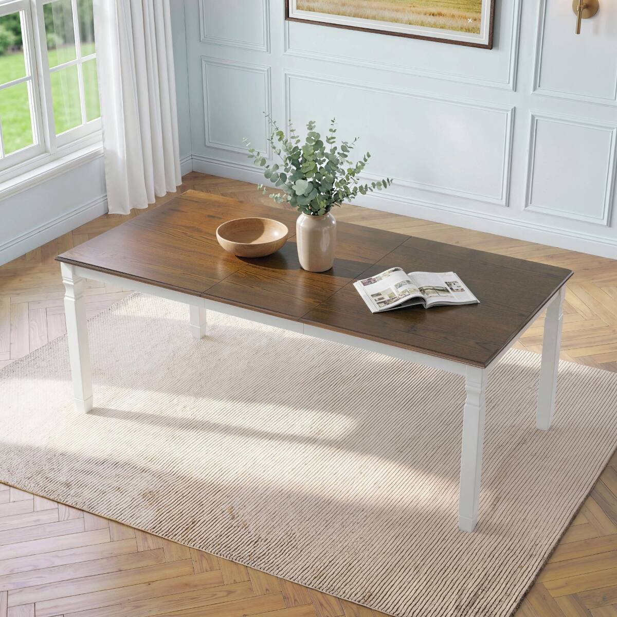 Front. Loheer - Loheer Extendable Dining Table, Oak Veneer Top, Modern Farmhouse Table for Four to Six - Brown top and beige base.