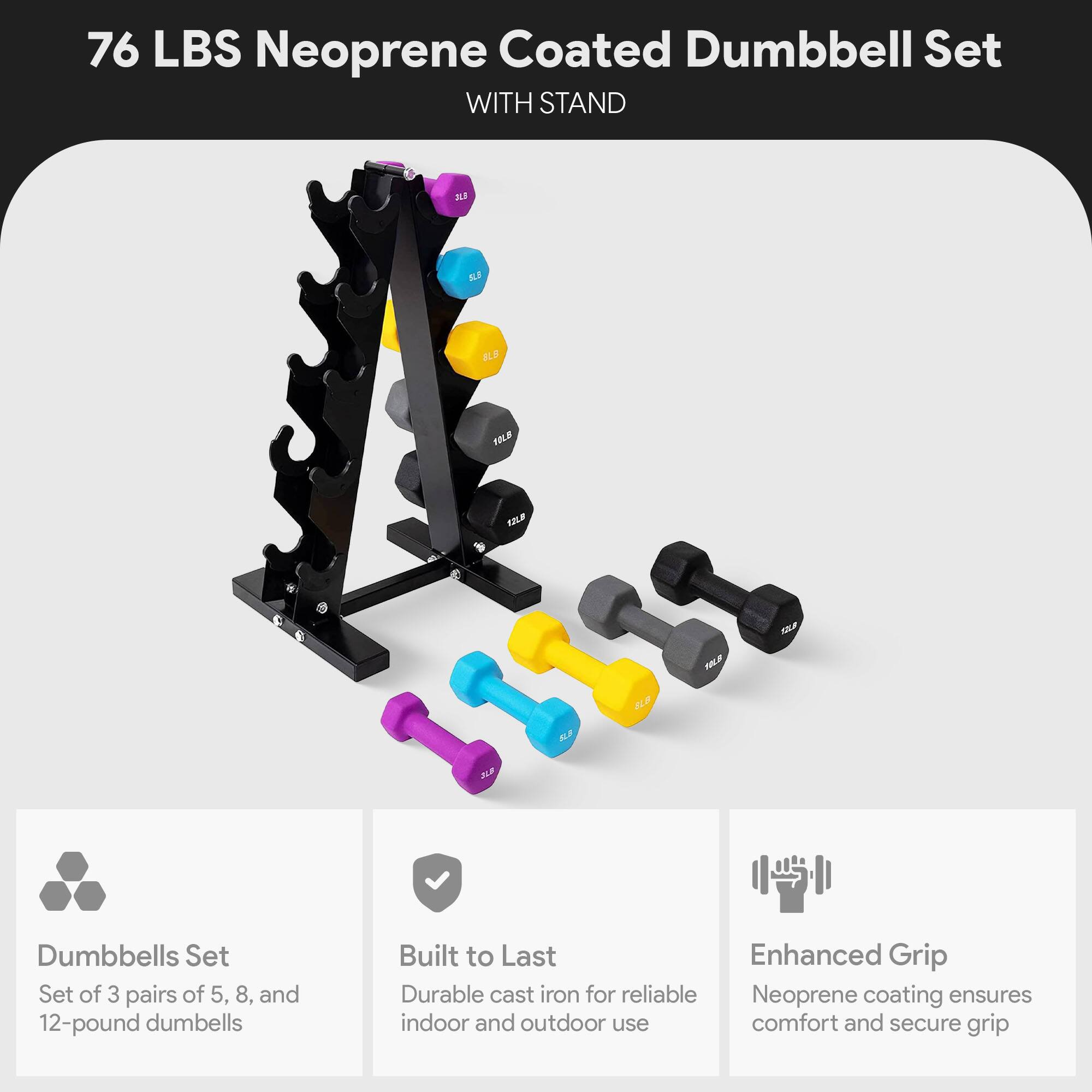 76 LBS Neoprene Coated Dumbbell Set WITH STAND

Dumbbells Set
Set of 3 pairs of 5, 8, and 12-pound dumbbells

Built to Last
Durable cast iron for reliable indoor and outdoor use

Enhanced Grip
Neoprene coating ensures comfort and secure grip
