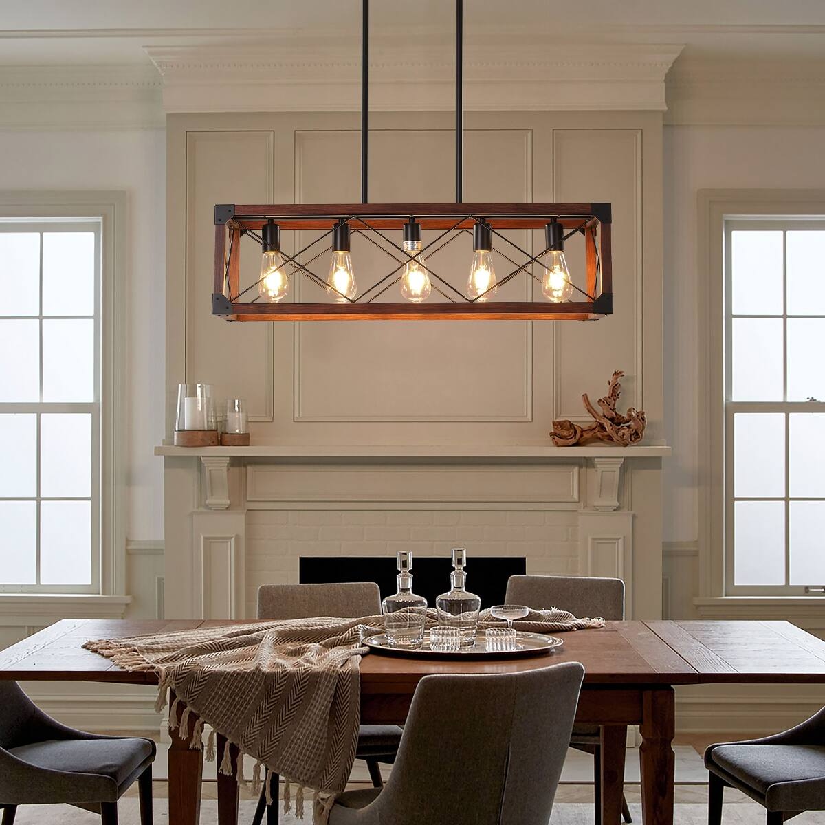 Loheer 32 Inch 5 Light Farmhouse Chandelier, Red Wood Rectangular ...