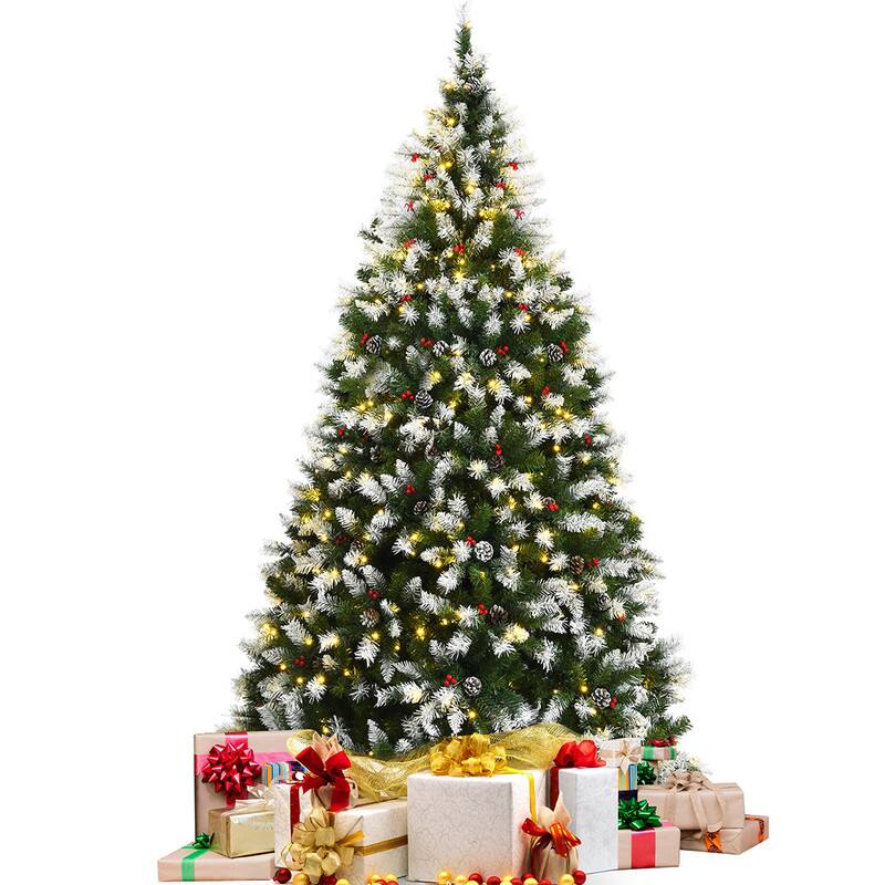 Front. WELLFOR - 7.5ft Pre‑Lit Artificial Christmas Tree with Pre‑Fixed Red Berries & Pine Cones ,Snow‑Flocked Hinged Xmas Tree - Green.