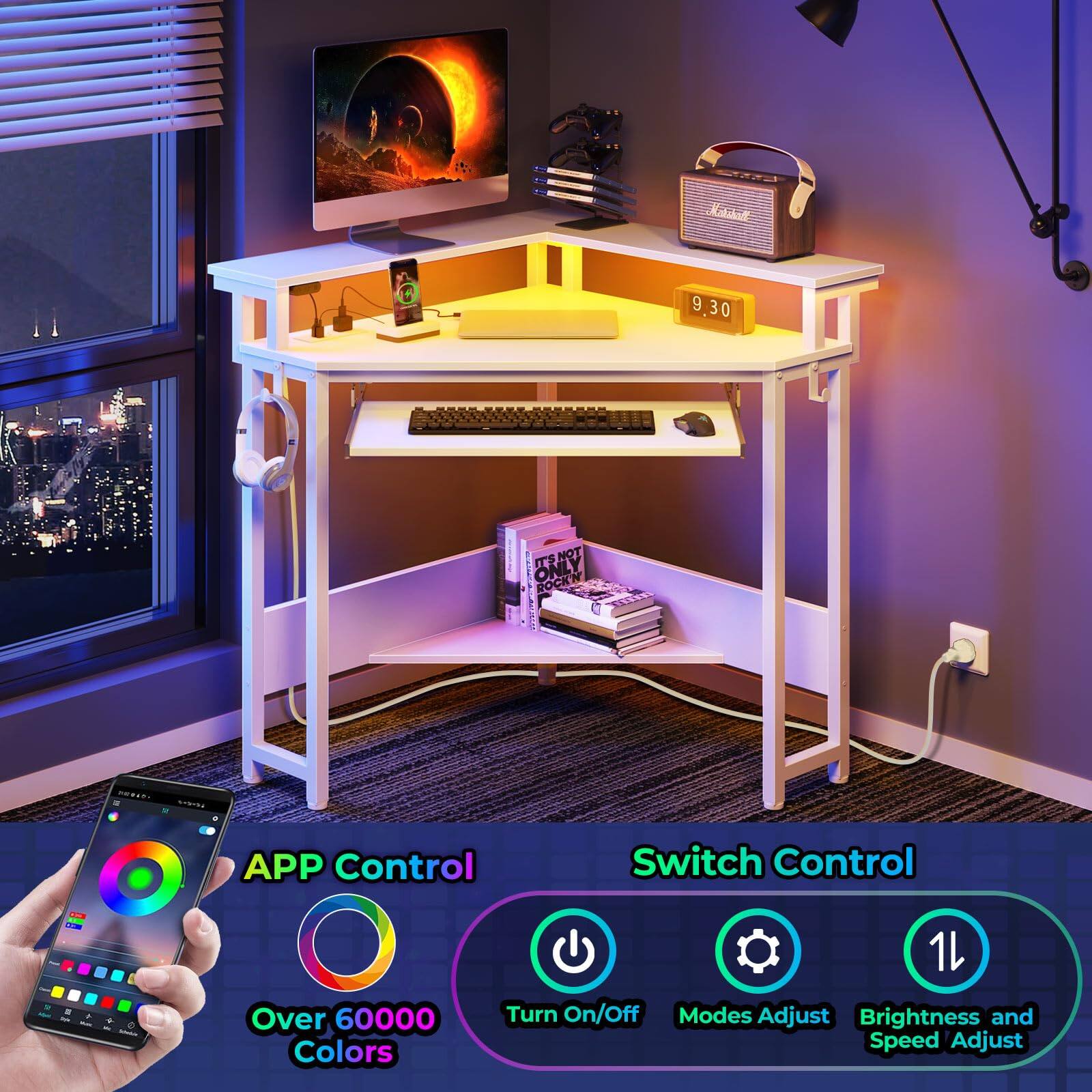 Sure, here is the corrected and grouped text from the image:

---

**APP Control**

- Over 60000 Colors

**Switch Control**

- Turn On/Off
- Modes Adjust
- Brightness and Speed Adjust

---

**Katiladf 9,30 ONLY TENOT! ROCKN .... .**

---

**9,30**

---

**APP Control**

- Over 60000 Colors

**Switch Control**

- Turn On/Off
- Modes Adjust
- Brightness and Speed Adjust

---