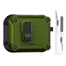 Front. Dteck - Rugged Case for Airpods 4 (2024) Heavy Duty Drop Protective Magnetic Lock Cover With Keychain + Clean Kit Pen - Armygreen.
