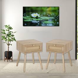 Hivvago - Set of Two Modern Rattan Bedside Units with Drawer and Solid Wood Structure - Natural