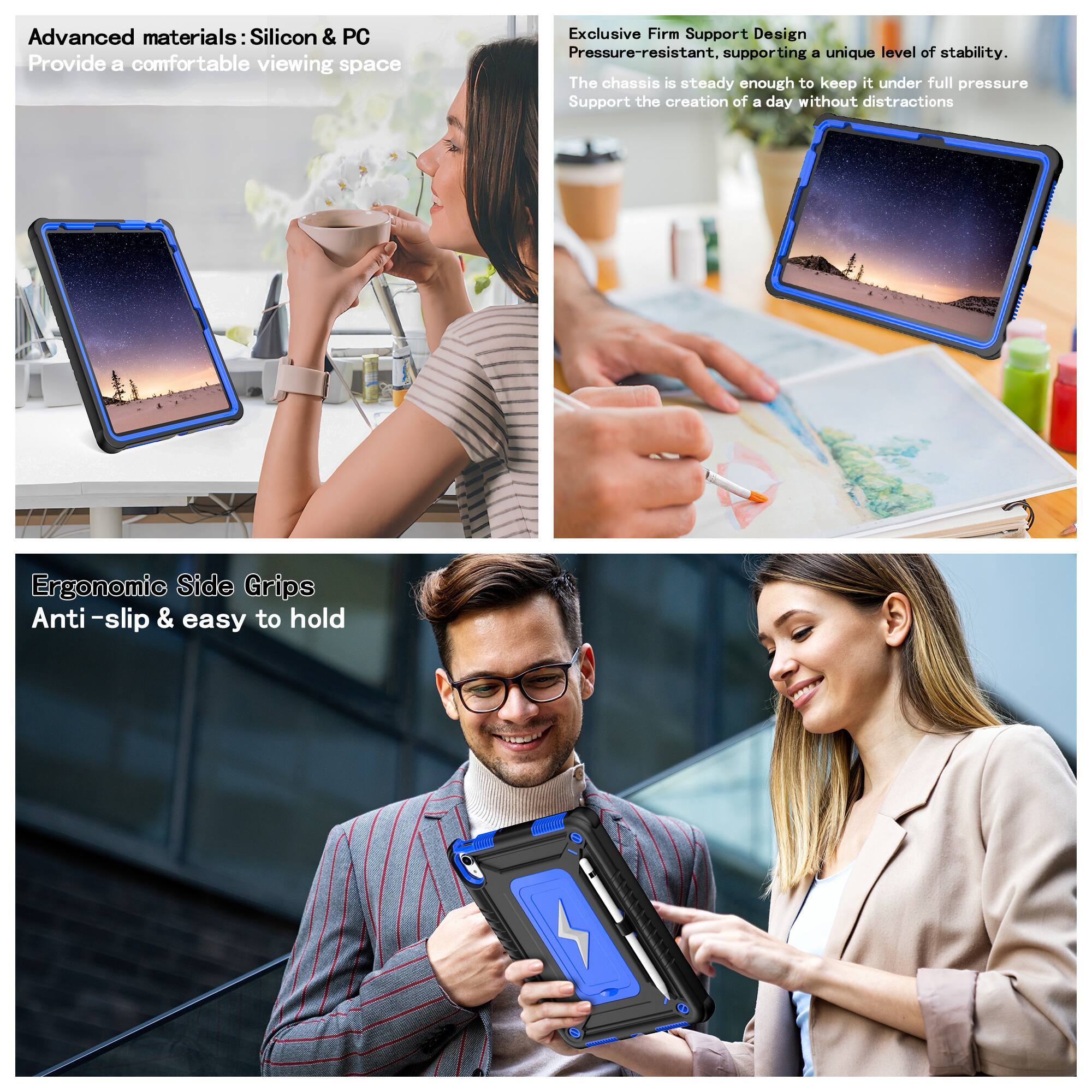 Advanced materials: Silicon & PC  
Provide a comfortable viewing space  

Exclusive Firm Support Design  
Pressure-resistant, supporting a unique level of stability.  
The chassis is steady enough to keep it under full pressure  
Support the creation of a day without distractions  

Ergonomic Side Grips  
Anti-slip & easy to hold