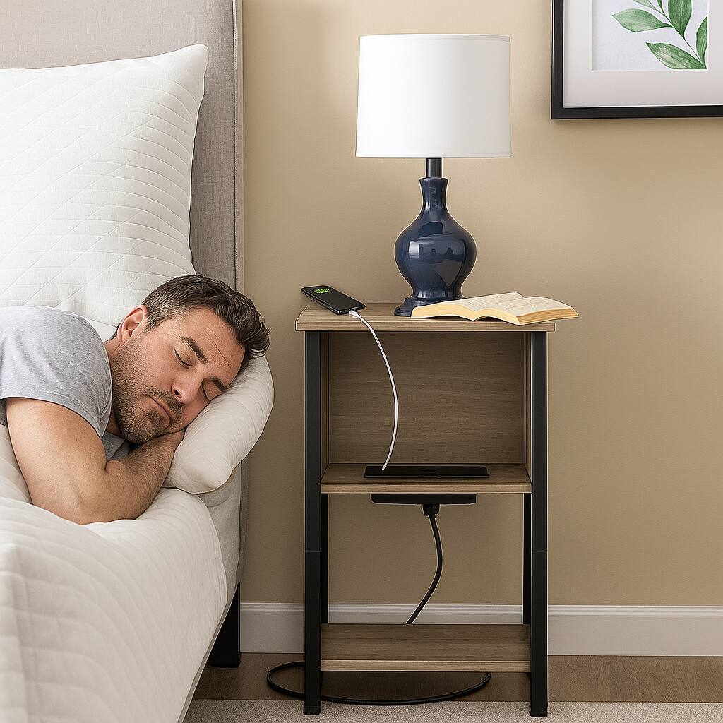 Angle. Hivvago - 3-Tier Side Table with Charging Station, USB Ports, and Power Outlets - Black & Gray.