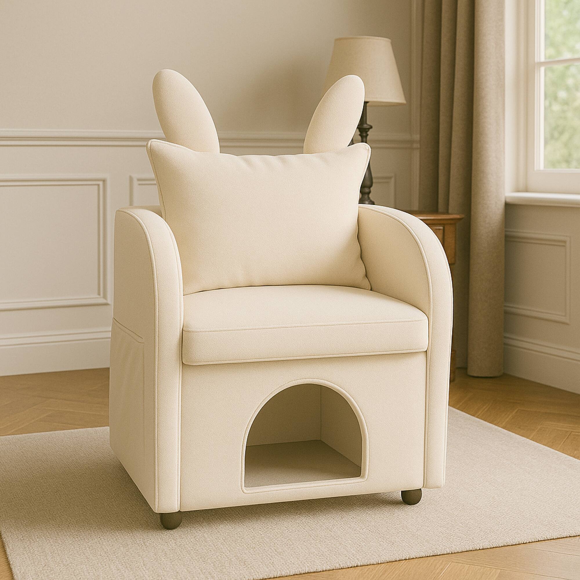 Angle. GOODSILO - Pet-Friendly Bunny-Ear Armchair with Hidden Pet Compartment and Scratch-Resistant Upholstery for Cats and Small Dogs - Beige.