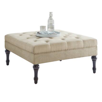 Front. Boyel Living - Beige Button-Tufted Ottoman with Dark Wooden Legs, Linen Upholstery, Classic Accent Footrest or Coffee Table - Beige.