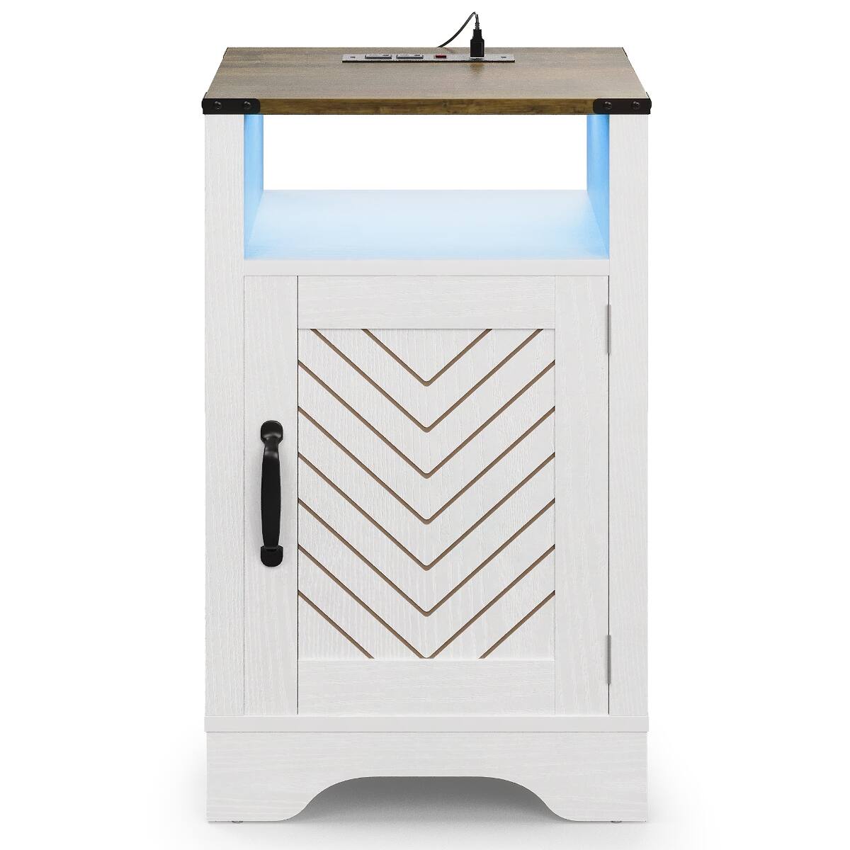 Alt View 6. Loheer - Loheer LED Nightstand with Charging Station, Farmhouse Wooden Bedside Table, White and Rustic Oak - Rustic White.