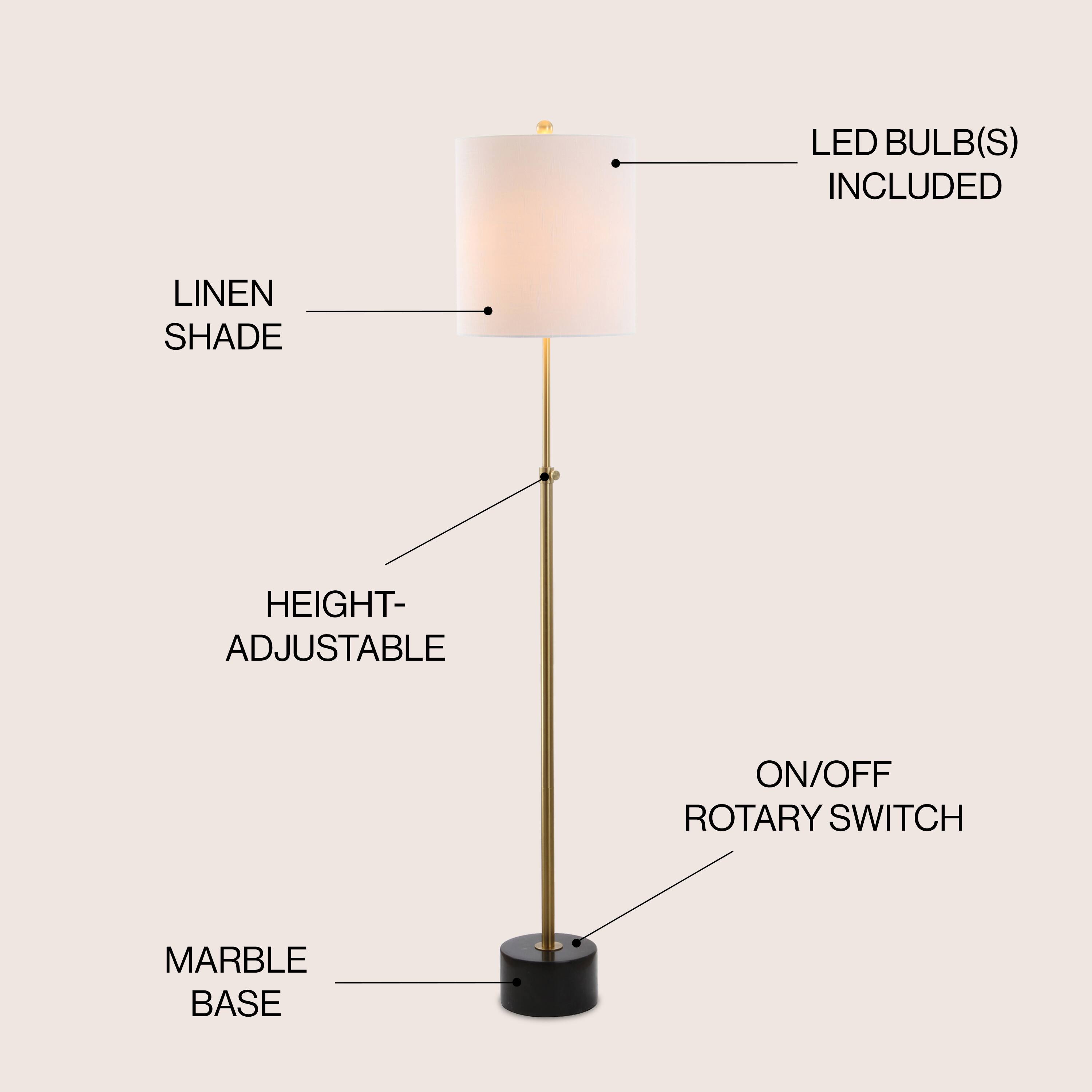 LED BULB(S) INCLUDED  
LINEN SHADE  
HEIGHT-ADJUSTABLE  
ON/OFF ROTARY SWITCH  
MARBLE BASE