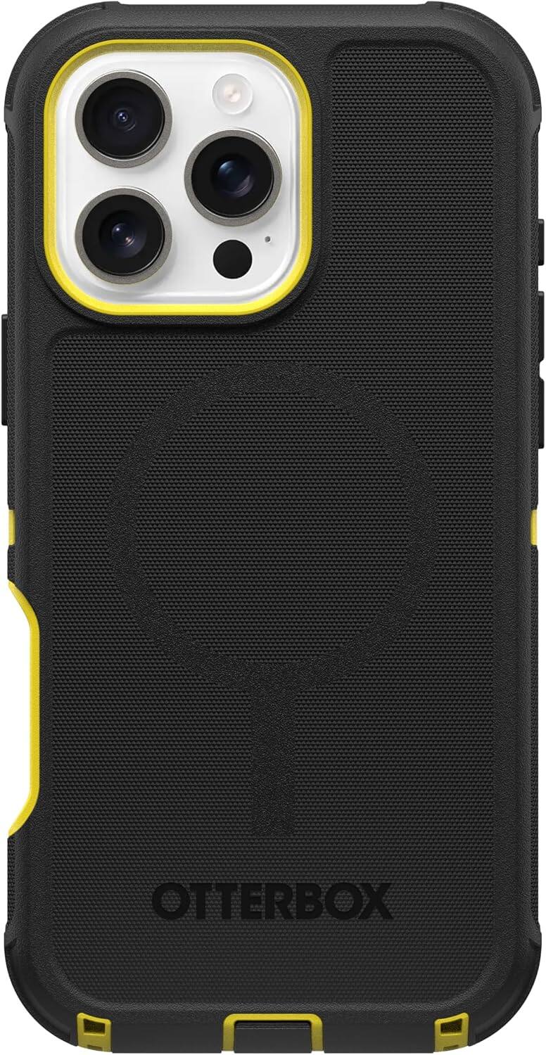 Back. OtterBox - OtterBox iPhone 16 Pro Max (Only) - Defender Series Case - Holster Clip Included - Built-in Magnets - Rugged & Durable - Night (Black & Yellow).