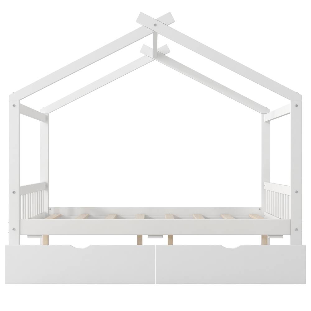 Alt View 7. Loheer - Loheer Full Size House Platform Bed with Two Drawers, Roof Design White Bed Frame for Kids - White.
