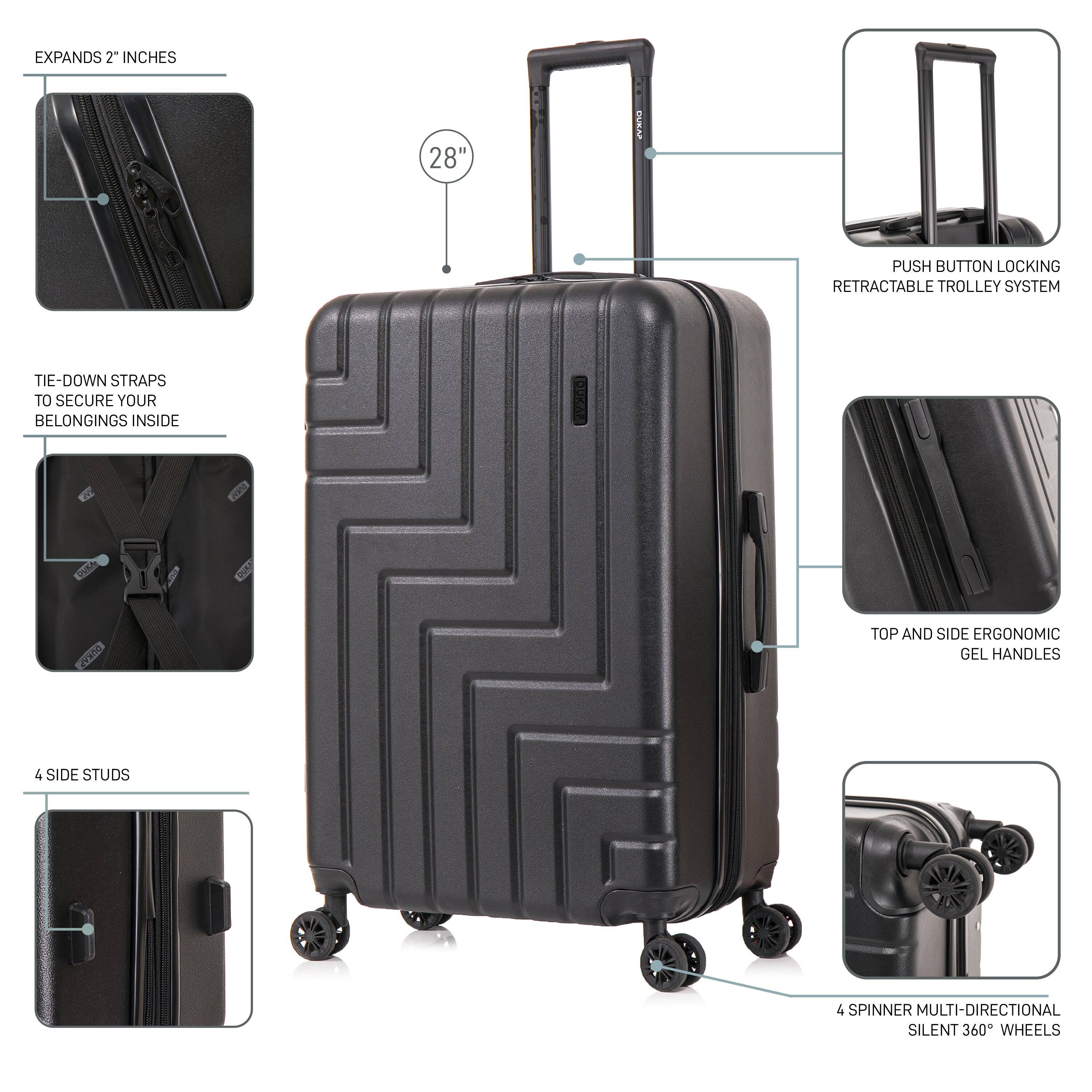- EXPANDS 2" INCHES
- 28" MAO
- PUSH BUTTON LOCKING RETRACTABLE TROLLEY SYSTEM
- TIE-DOWN STRAPS TO SECURE YOUR BELONGINGS INSIDE
- 4 SIDE STUDS
- TOP AND SIDE ERGONOMIC GEL HANDLES
- 4 SPINNER MULTI-DIRECTIONAL SILENT 360° WHEELS