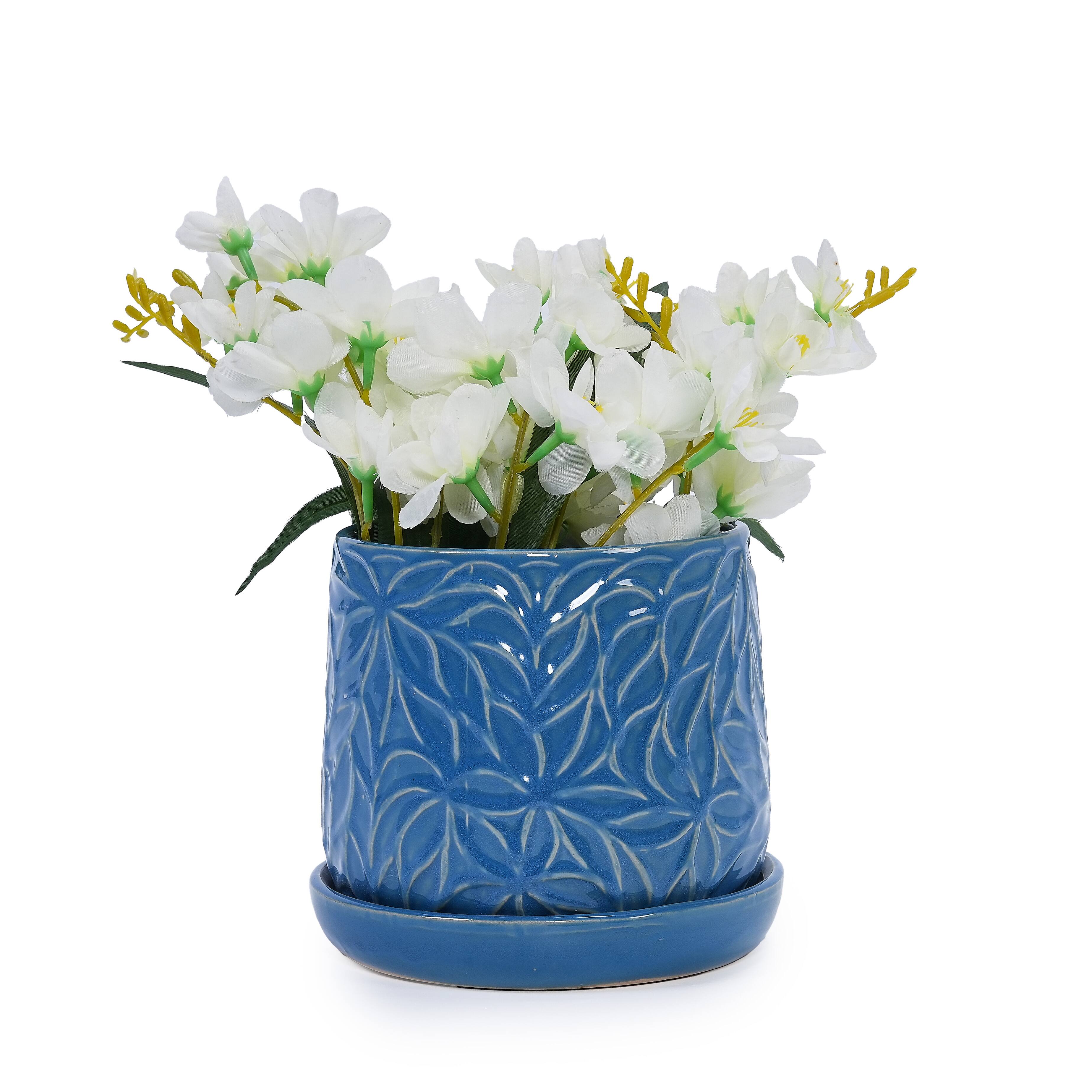Alt View 4. Loheer - Ceramic Planter Set Loheer Handmade Blue Plant Pots with Saucers, Leaf Pattern, 6in and 8in for Succulents Herbs.