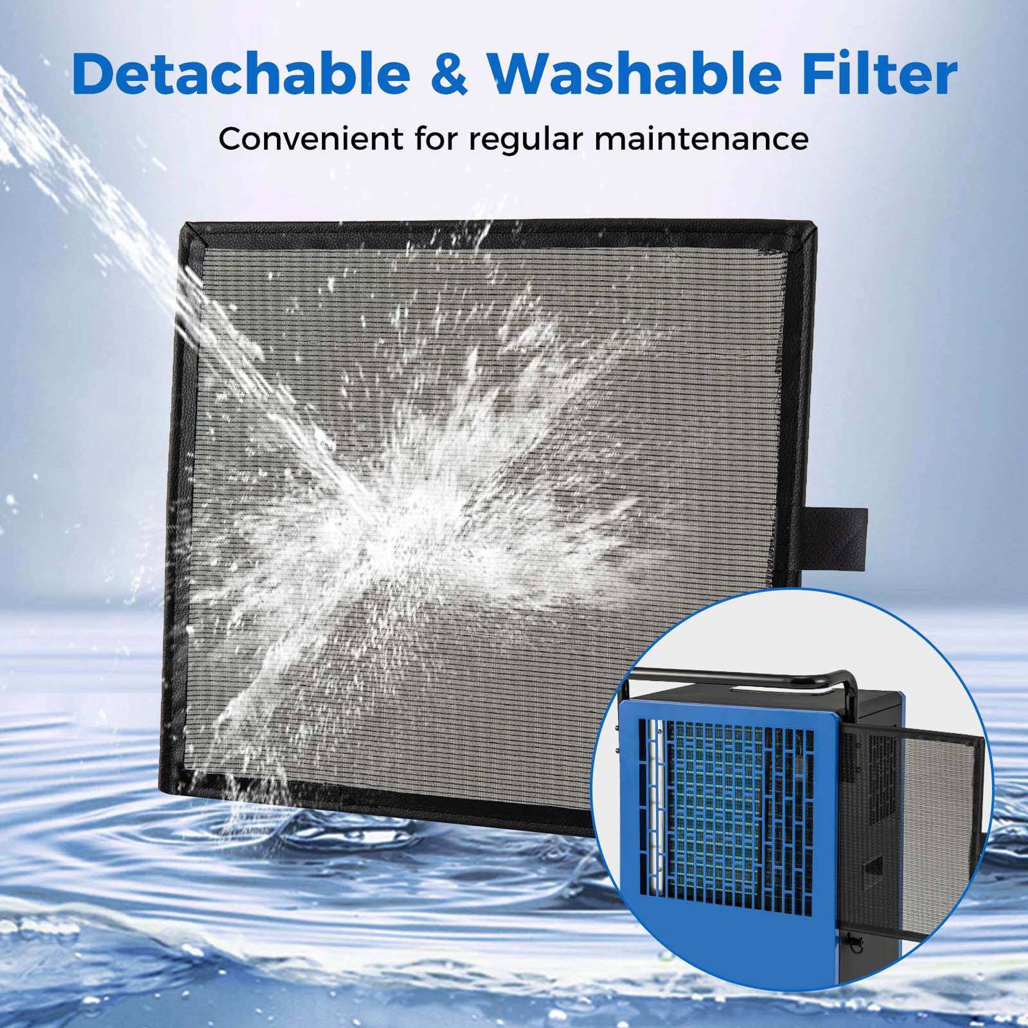 The text on the image reads "Detachable & Washable Filter Convenient for regular maintenance."