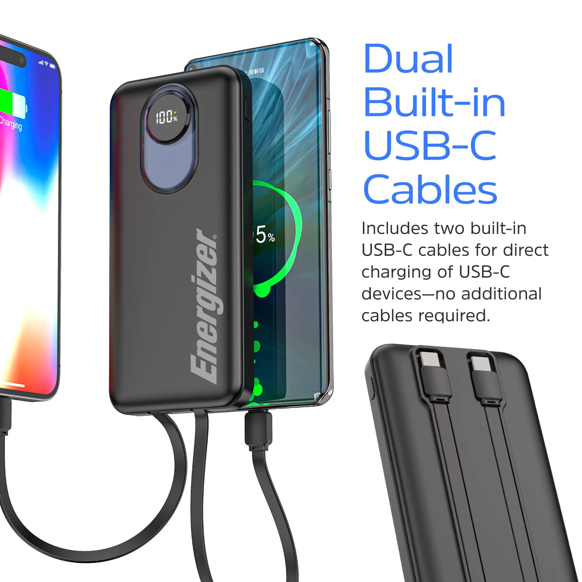 Charging 4 100% Energizer 5% Dual Built-in USB-C Cables Includes two built-in USB-C cables for direct charging of USB-C devices-no additional cables required.