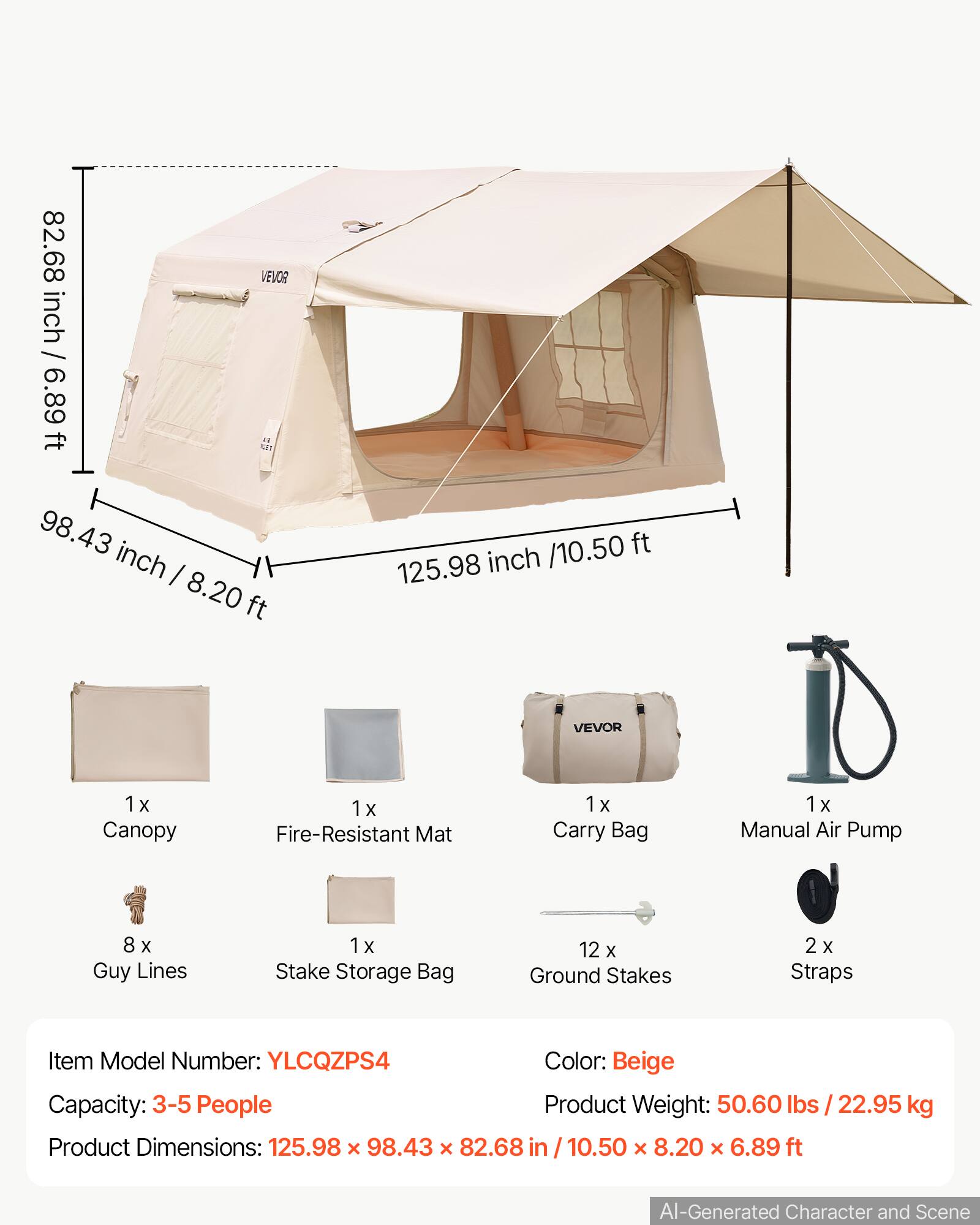 82.68 VEVOR / 82.68 inch / 6.89 ft  
KIT 98.43 inch - 8.20 ft / 10.50 ft 125.98 inch  
VEVOR  
1x Canopy  
1x Fire-Resistant Mat  
1x Carry Bag  
1x Manual Air Pump  
8 X Guy Lines  
1x Stake Storage Bag  
12 X Ground Stakes  
2 X Straps  
Item Model Number: YLCQZPS4  
Color: Beige  
Capacity: 3-5 People  
Product Weight: 50.60 lbs / 22.95 kg  
Product Dimensions: 125.98 x 98.43 x 82.68 in / 10.50 x 8.20 x 6.89 ft