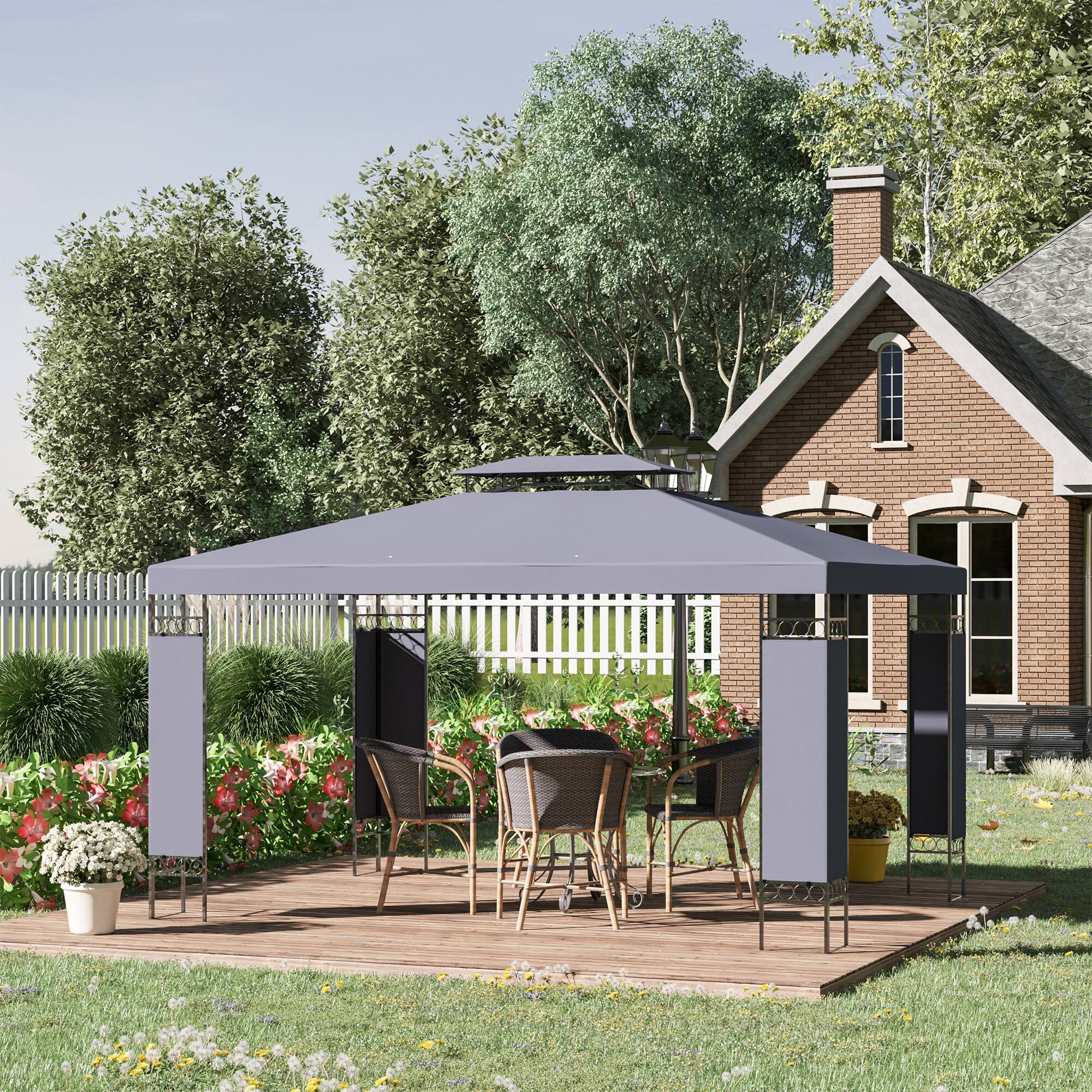 Alt View 1. Outsunny - Patio Gazebo, Double Roof Outdoor Gazebo Canopy Shelter with Screen Decorate Corner Frame, for Garden, Lawn - Grey.