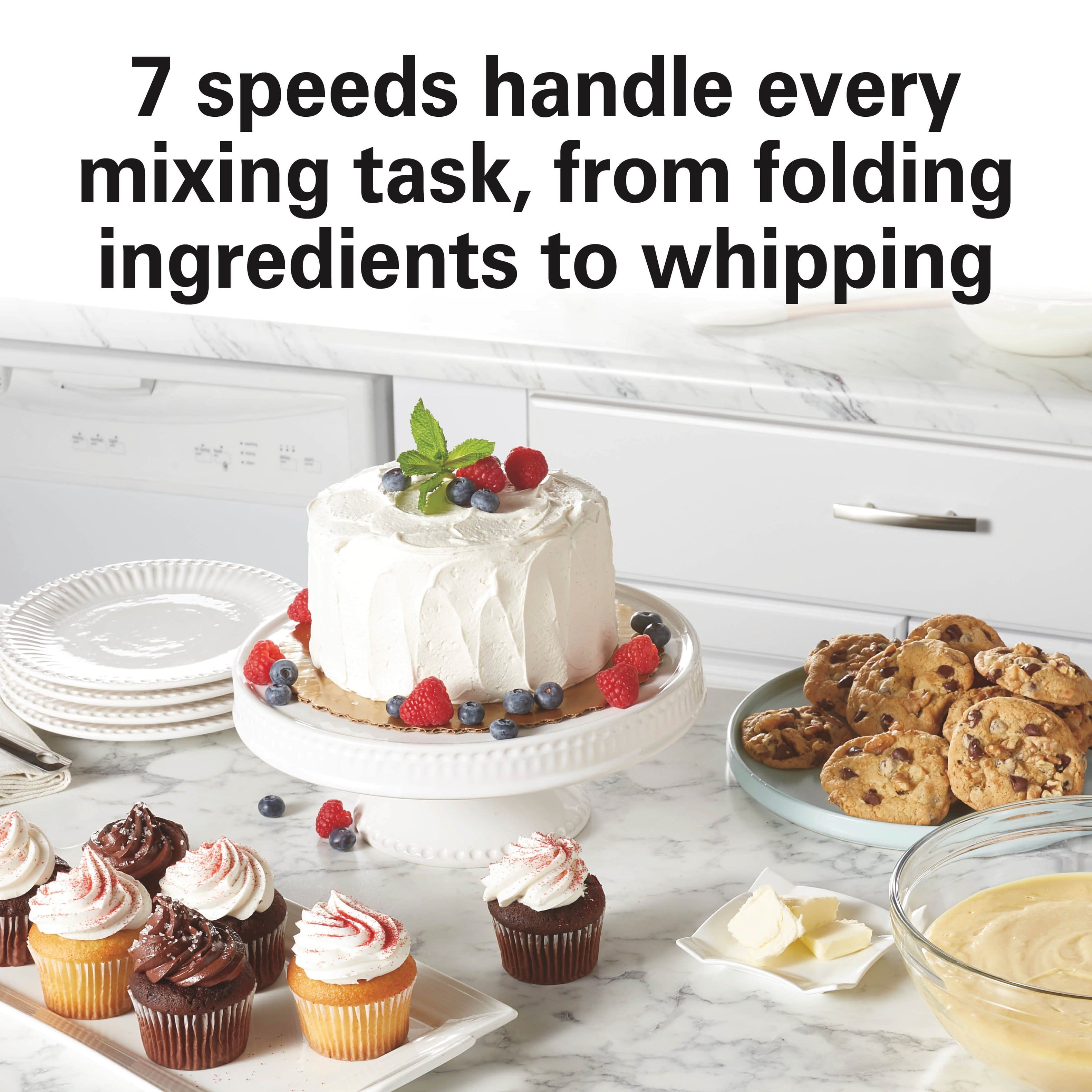 7 speeds handle every mixing task, from folding ingredients to whipping