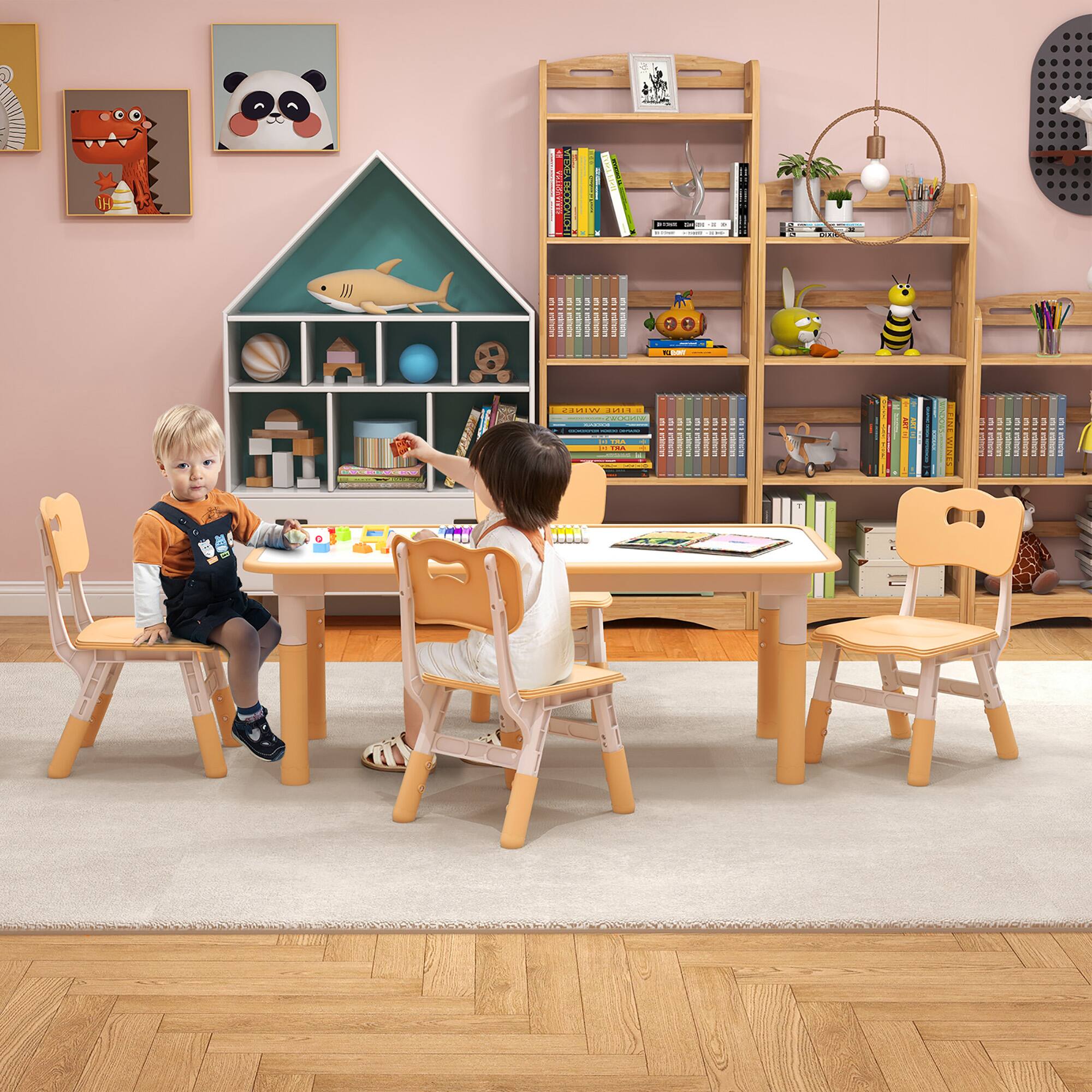 Alt View 3. Gymax - Gymax Kids Height Adjustable Table and 4 Chairs Set with Graffiti Desktop Natural - Natural.