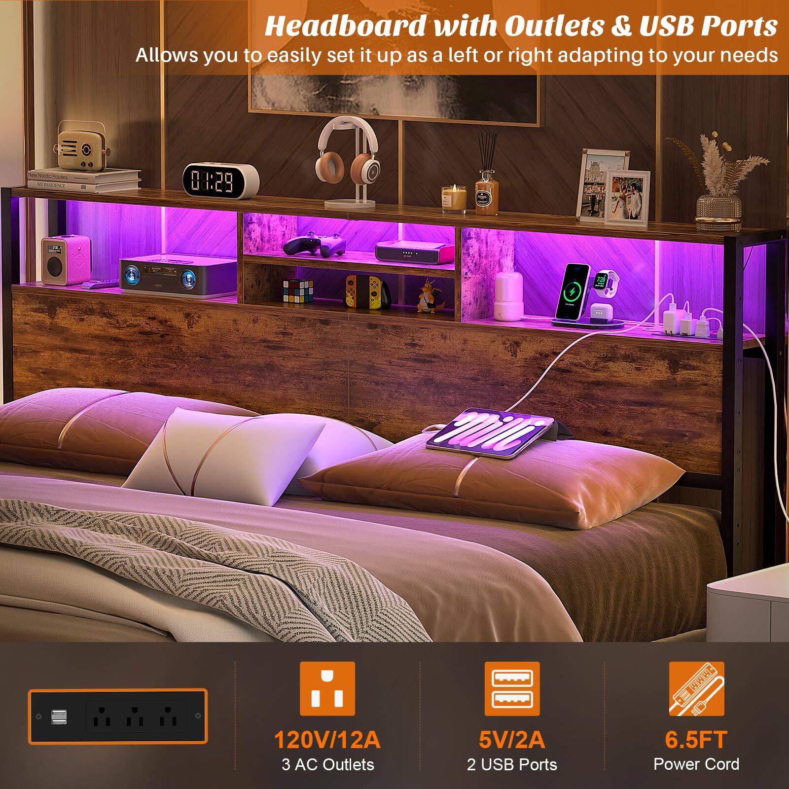 Headboard with Outlets & USB Ports  
Allows you to easily set it up as a left or right adapting to your needs  

- 120V/12A  
- 3 AC Outlets  
- 5V/2A  
- 2 USB Ports  
- 6.5FT Power Cord