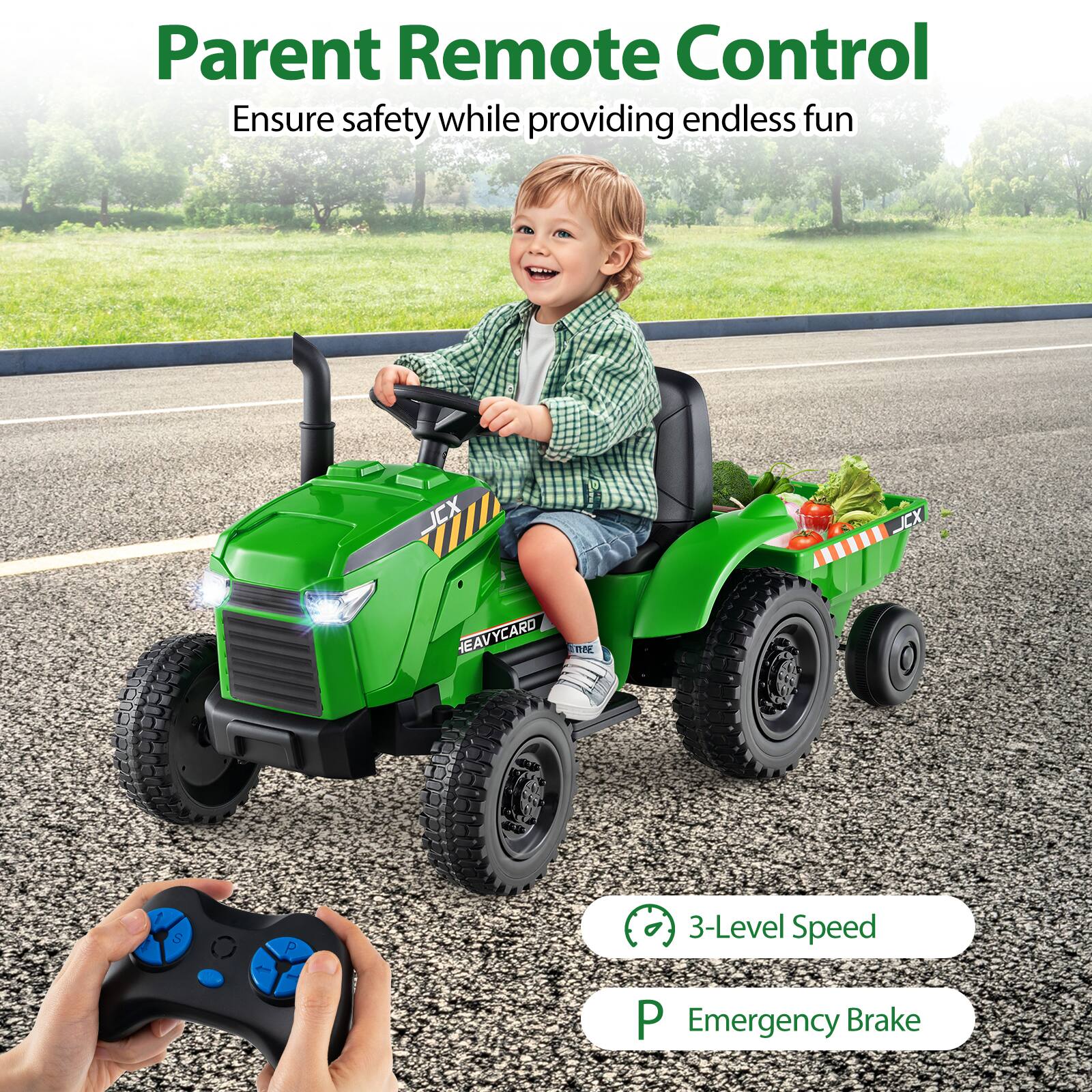 Parent Remote Control  
Ensure safety while providing endless fun  

3-Level Speed  
Emergency Brake