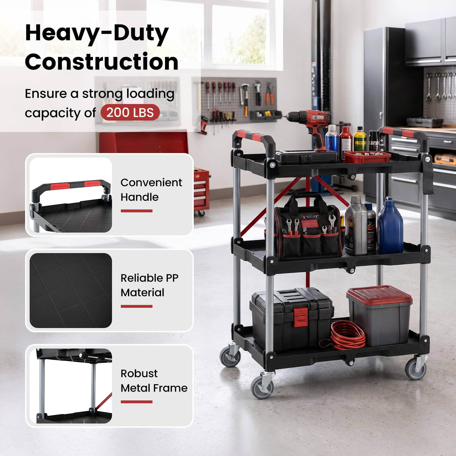 Heavy-Duty Construction  
Ensure a strong loading capacity of 200 LBS  
Convenient Handle  
Reliable PP Material  
Robust Metal Frame